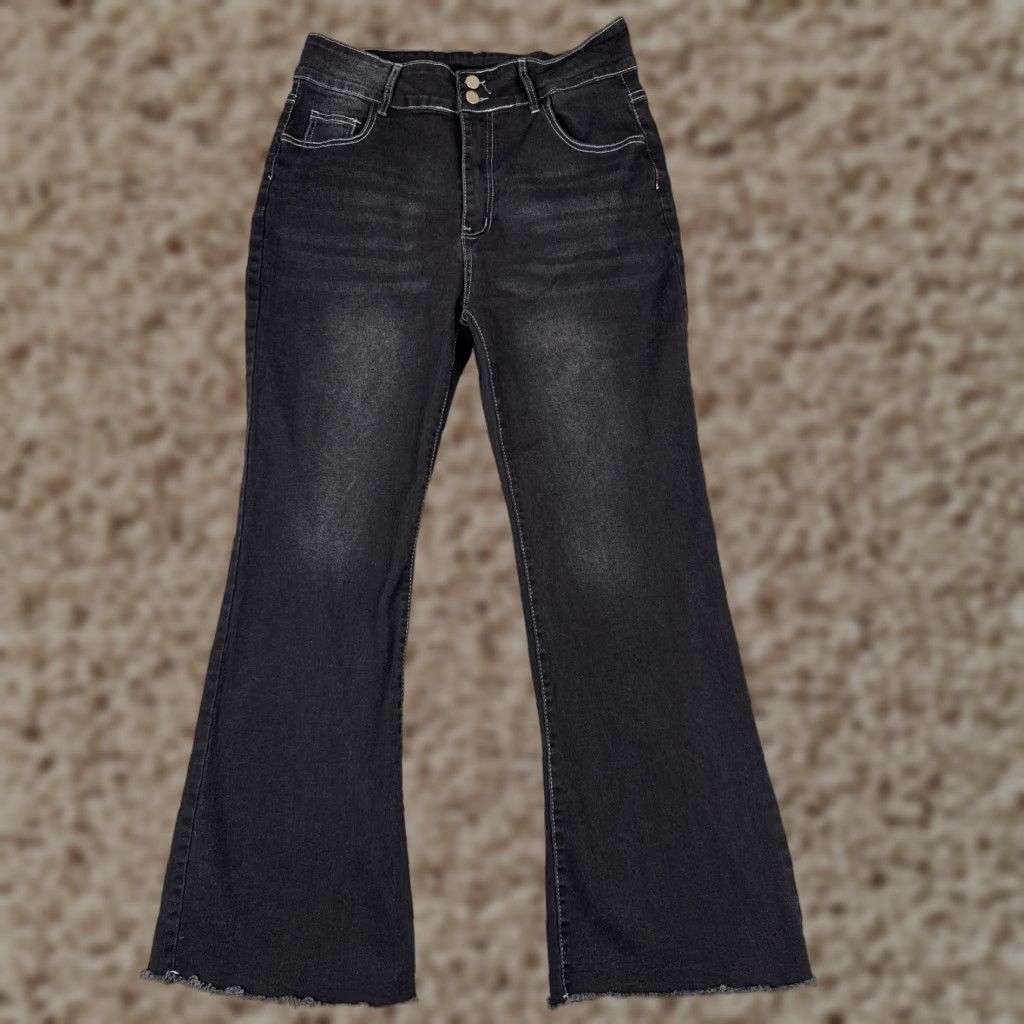 Vintage Women Jeans Black Denim Flared High Rise Raw Hem Cotton Blend 30x28 Size 30" / US 8 / IT 44 - 1 Thumbnail