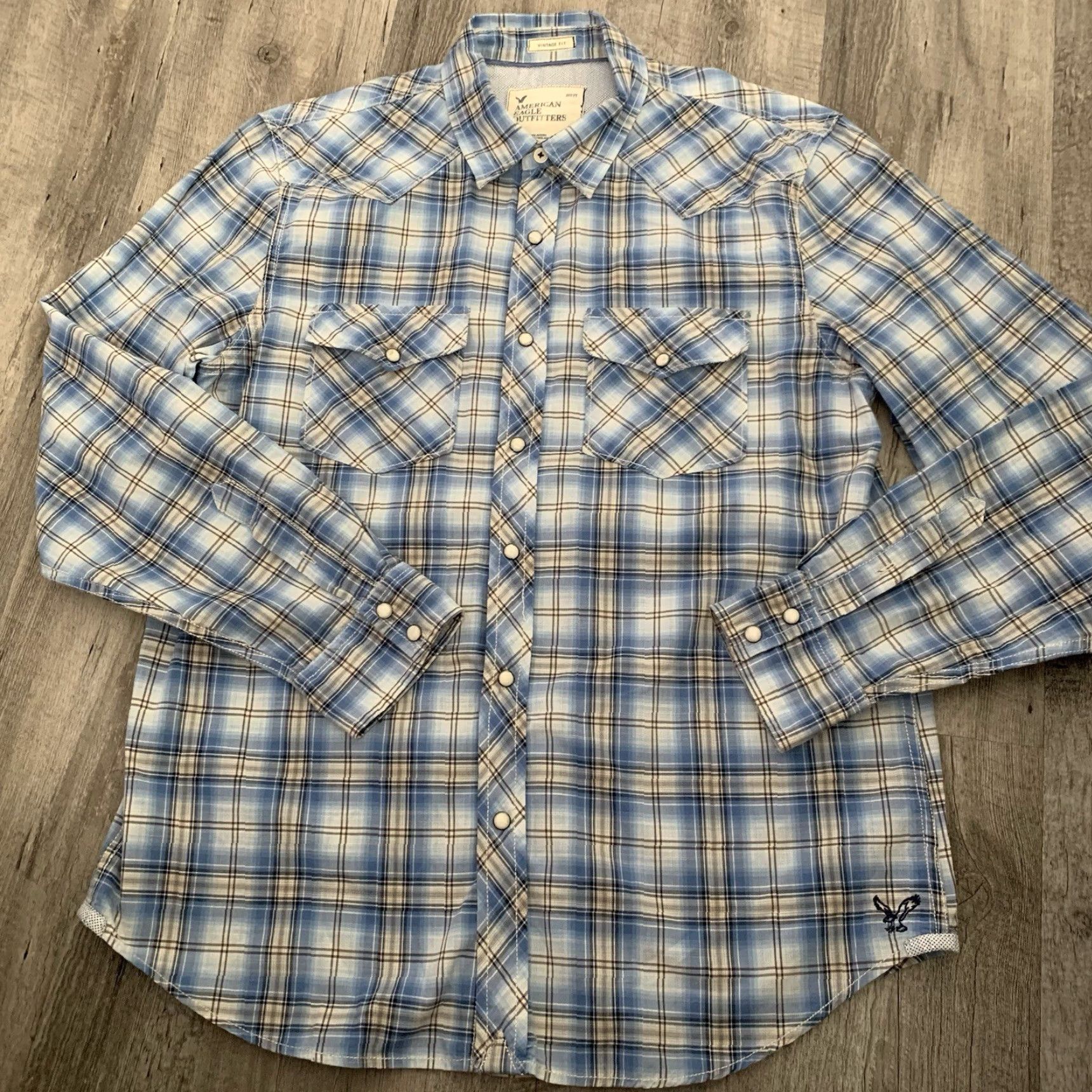 American Eagle Outfitters VINTAGE American Eagle Outfitters Shirt Mens Large Pearl Snap Blue Plaid L/S Vintage Fit Size US L / EU 52-54 / 3 - 5 Thumbnail
