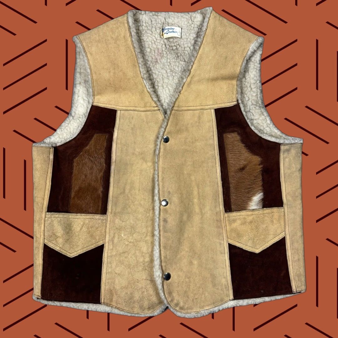 Vintage Vintage 70s Western Rockabilly Leather Snap Vest Mens Size 46 Brown Patchwork Buckskin Sherpa Lined Cold Weather Size US S / EU 44-46 / 1 - 1 Thumbnail