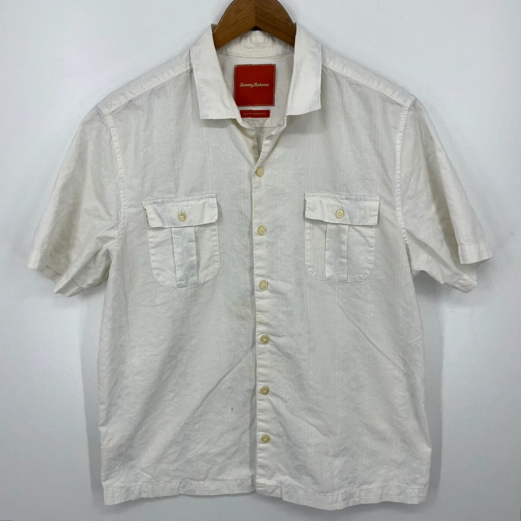 Tommy Bahama Tommy Bahama Shirt Short Sleeve Button-Up M White Pockets Hawaiian Textured Silky Cotton Casual Mens Size US M / EU 48-50 / 2 - 2 Thumbnail
