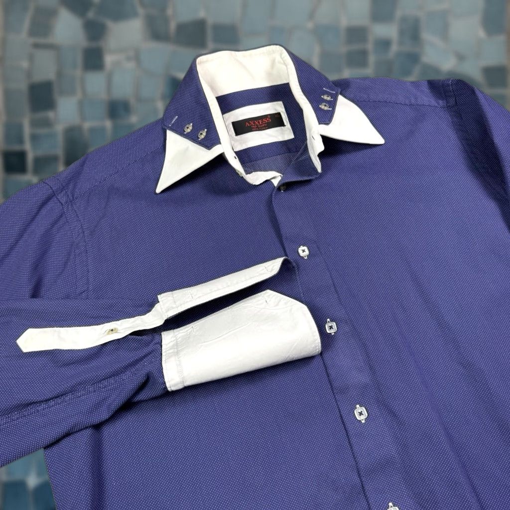 Vintage Axxess Shirt Mens XL Dress Shirt French Cuff Contrast Collar Formal 100% Cotton Shirt Men XL Blue Embroidered Collared Button-Down Top Cuff Size 46R - 1 Thumbnail