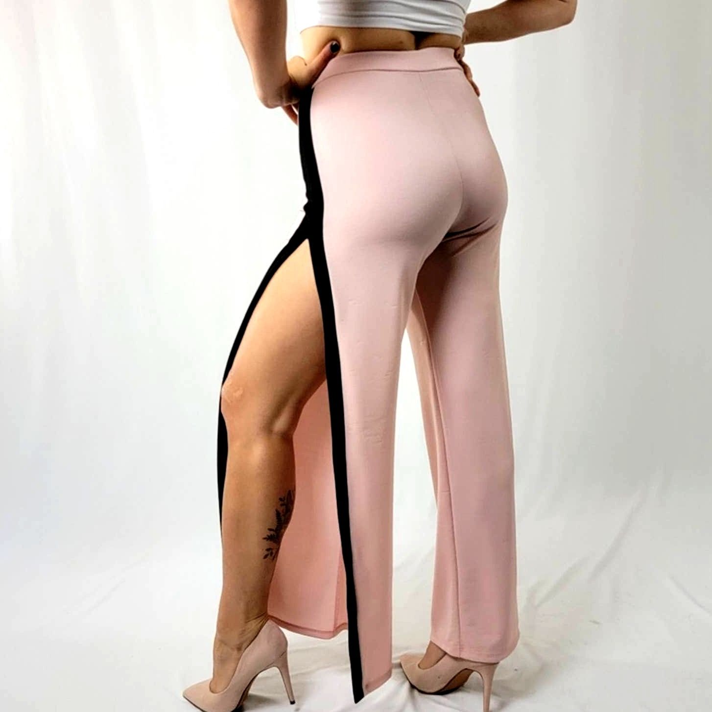 Vintage Vintage 90's Blush Nude Wide Split Leg Track Pants - M Size 28" / US 6 / IT 42 - 1 Thumbnail