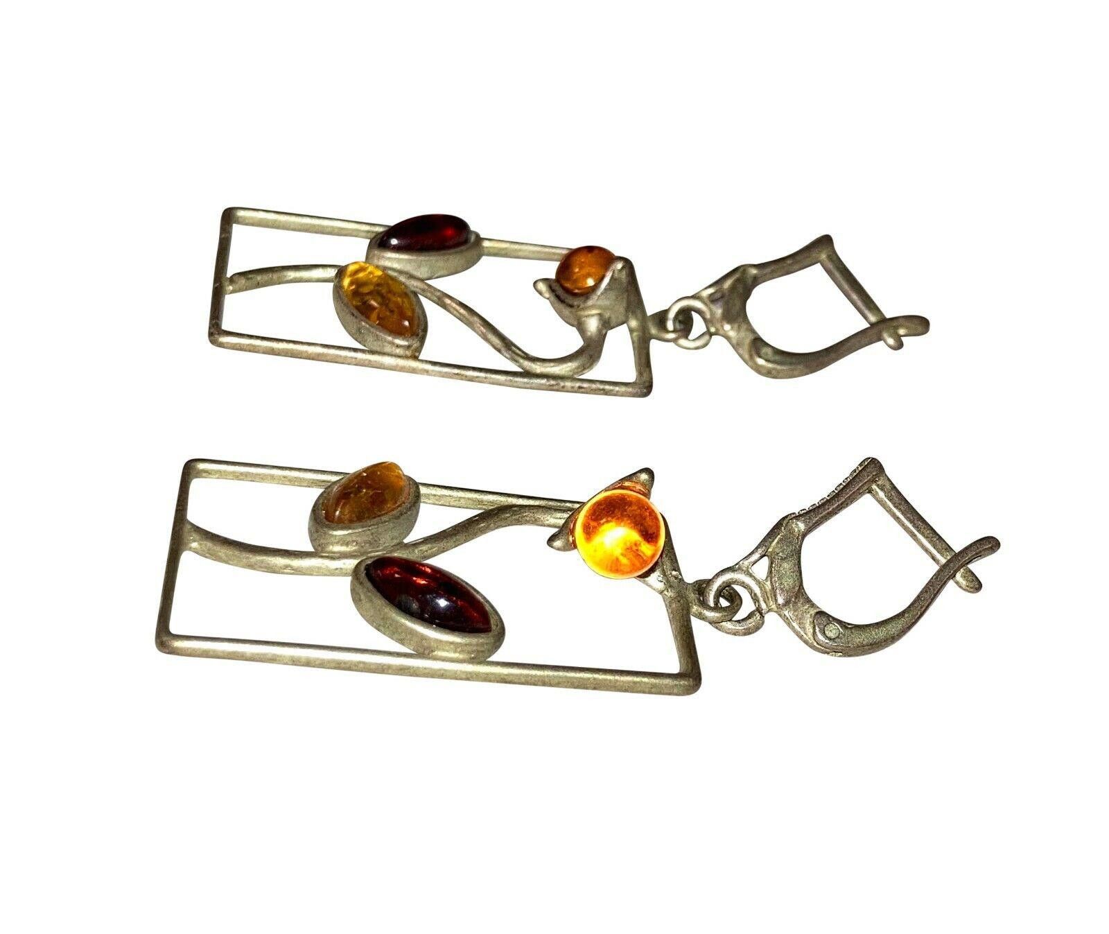 Designer Silver Rectangle Flower Baltic Yellow & Orange Amber Earring Size ONE SIZE - 2 Thumbnail