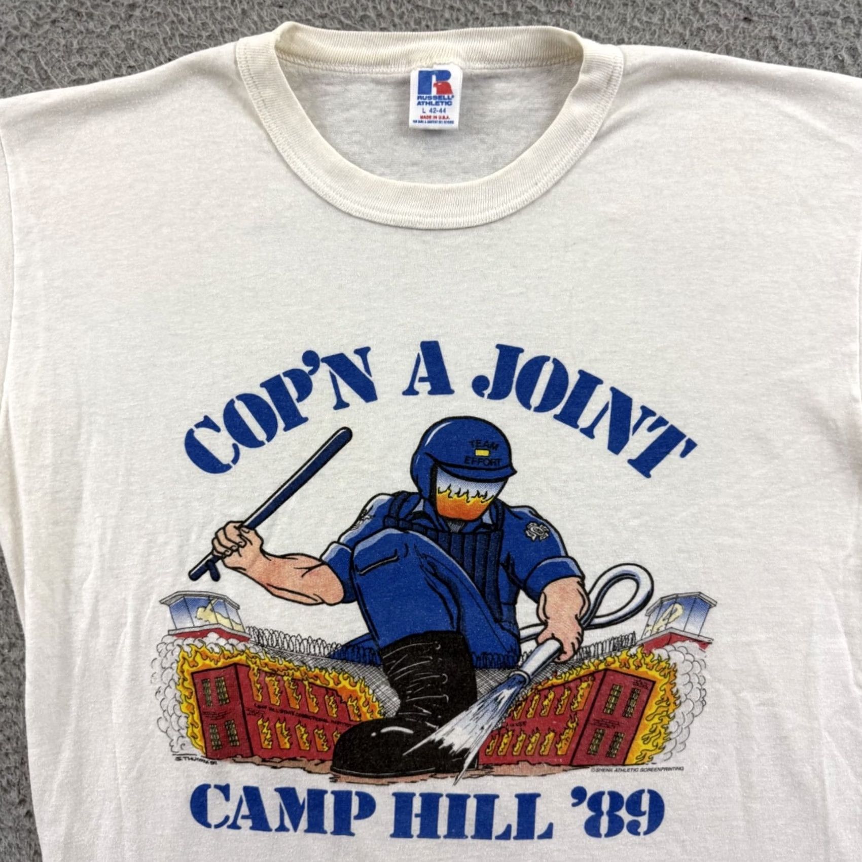 Russell Athletic VINTAGE Russell Athletic Camp Hill Inmate Riot Shirt Mens Large 80s Short Sleeve White Graphic Print 80s Mens Shirts Size US L / EU 52-54 / 3 - 3 Thumbnail