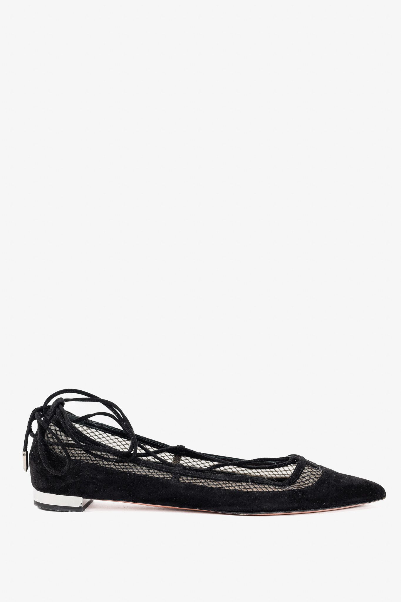 Aquazzura Aquazzura Dalia Black Suede & Mesh Ankle-Tie Ballet Flats Size US 9 / IT 39 - 1 Thumbnail