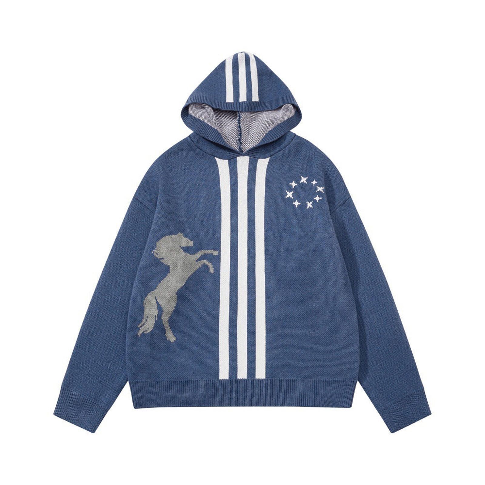 Blue Knit Hooded Sweater with Horse and Stripe Design