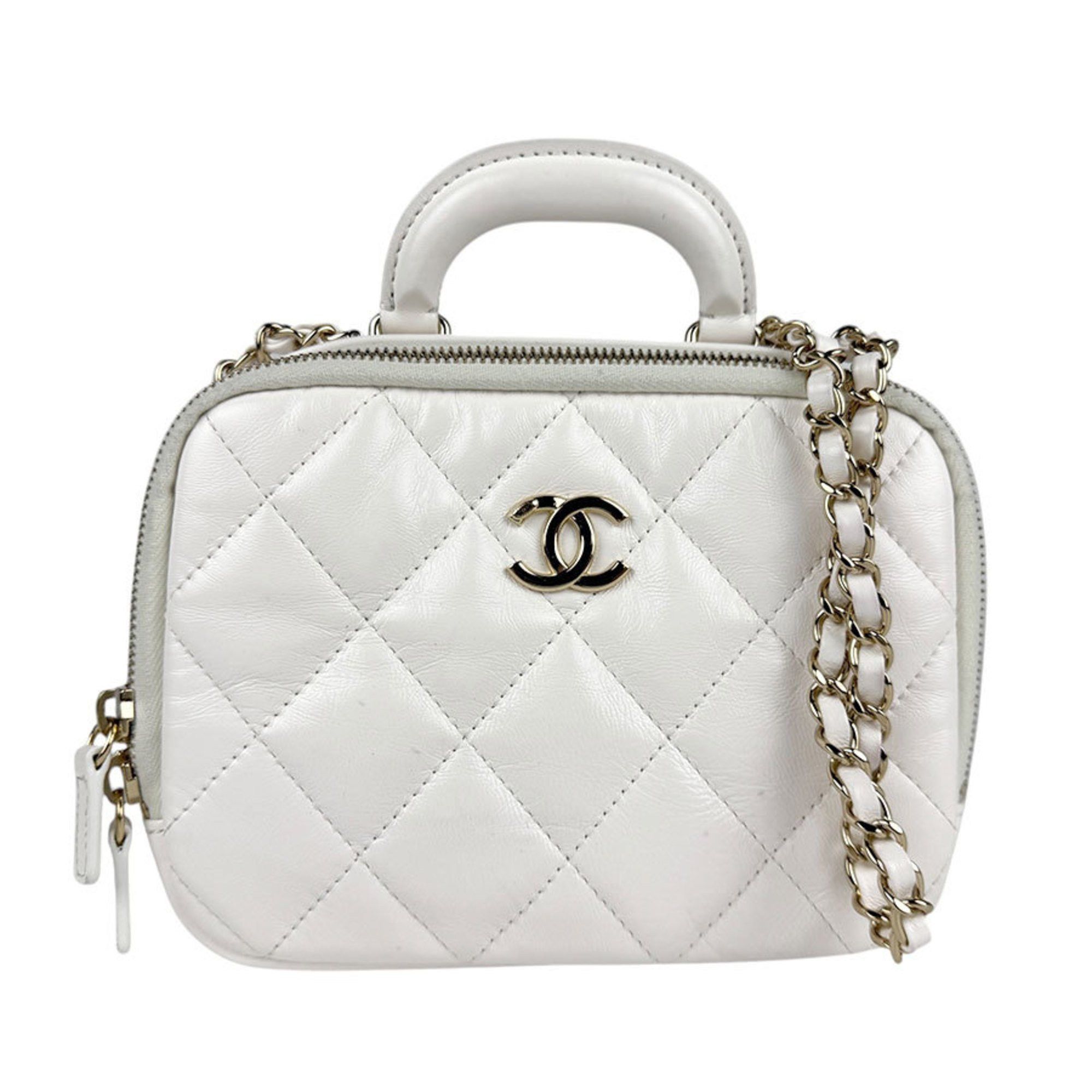 CHANEL Handbag Shoulder Bag Matelasse Leather White Gold Women's z4330