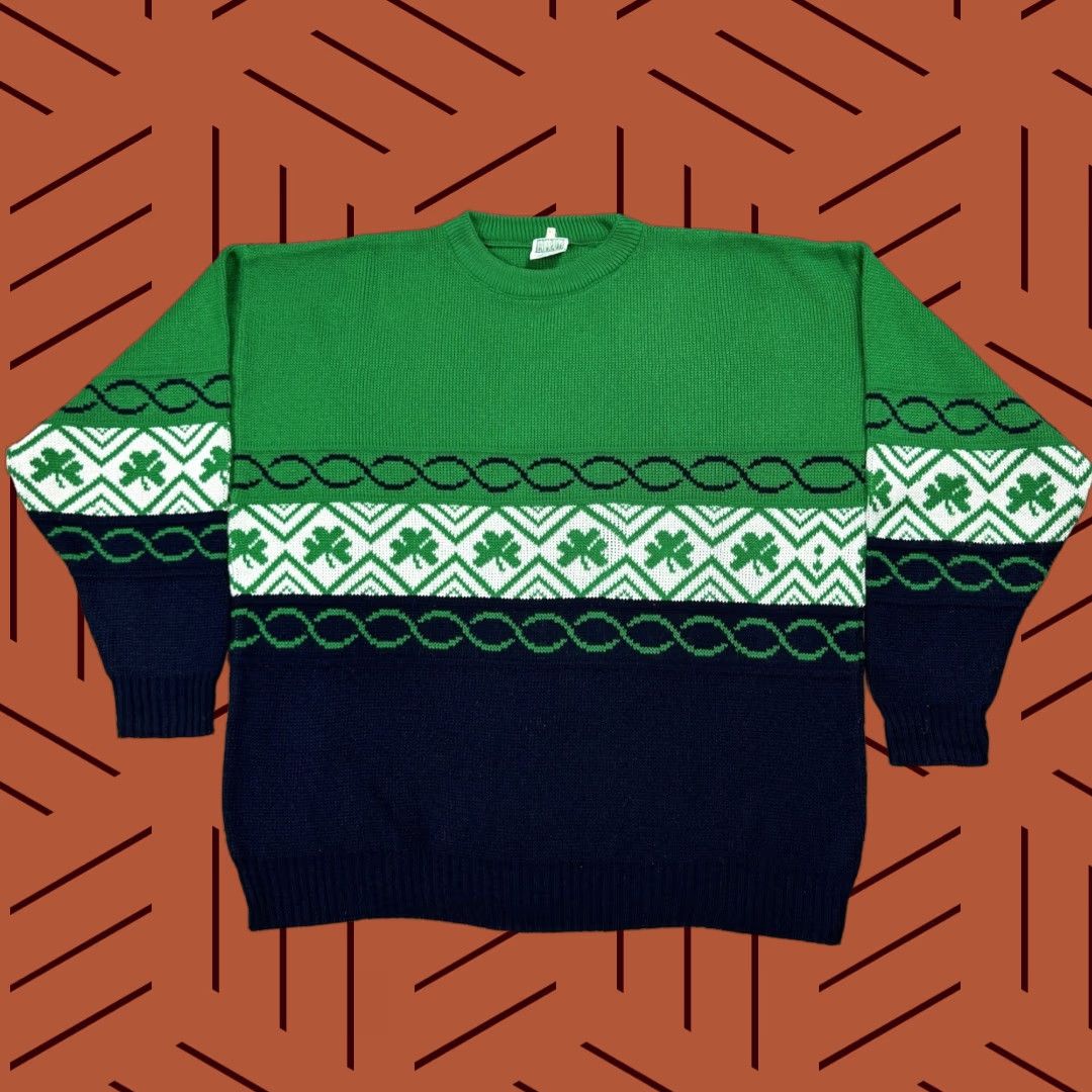 VINTAGE Emerald Sports Irish Shamrock Sweater Crew Neck Long Sleeve Knit XL Green Navy Sports Mens
