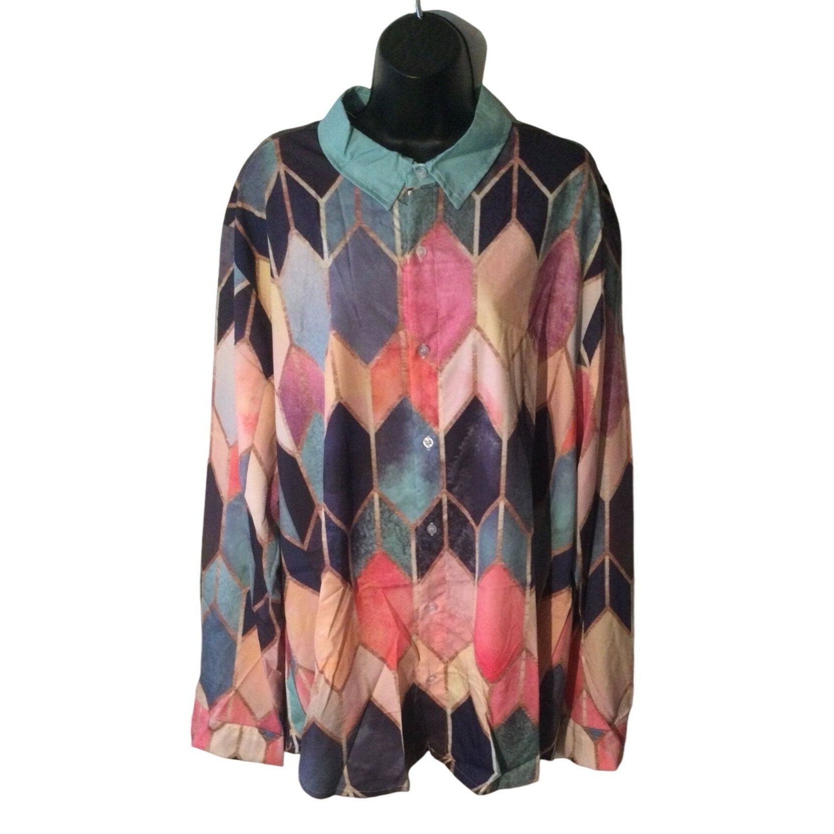 Bohemian Diamond Print Button Up long sleeve shirt Mens vint