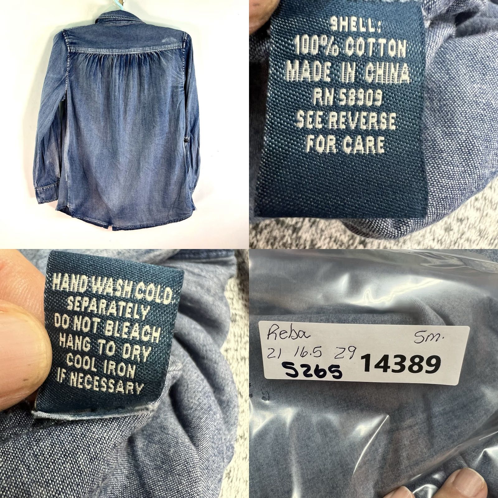 Denime Vintage REBA Women's Denim Gathered Button Shirt Long Sleeve Blue Size S Size S / US 4 / IT 40 - 8 Thumbnail