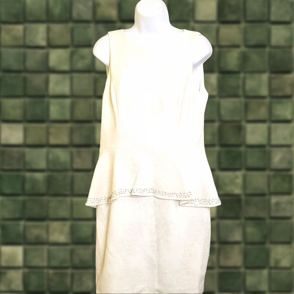 Vintage VINTAGE Cachet Dress Womens M White Beaded Peplum Knee Length Party Animal Print 90s
