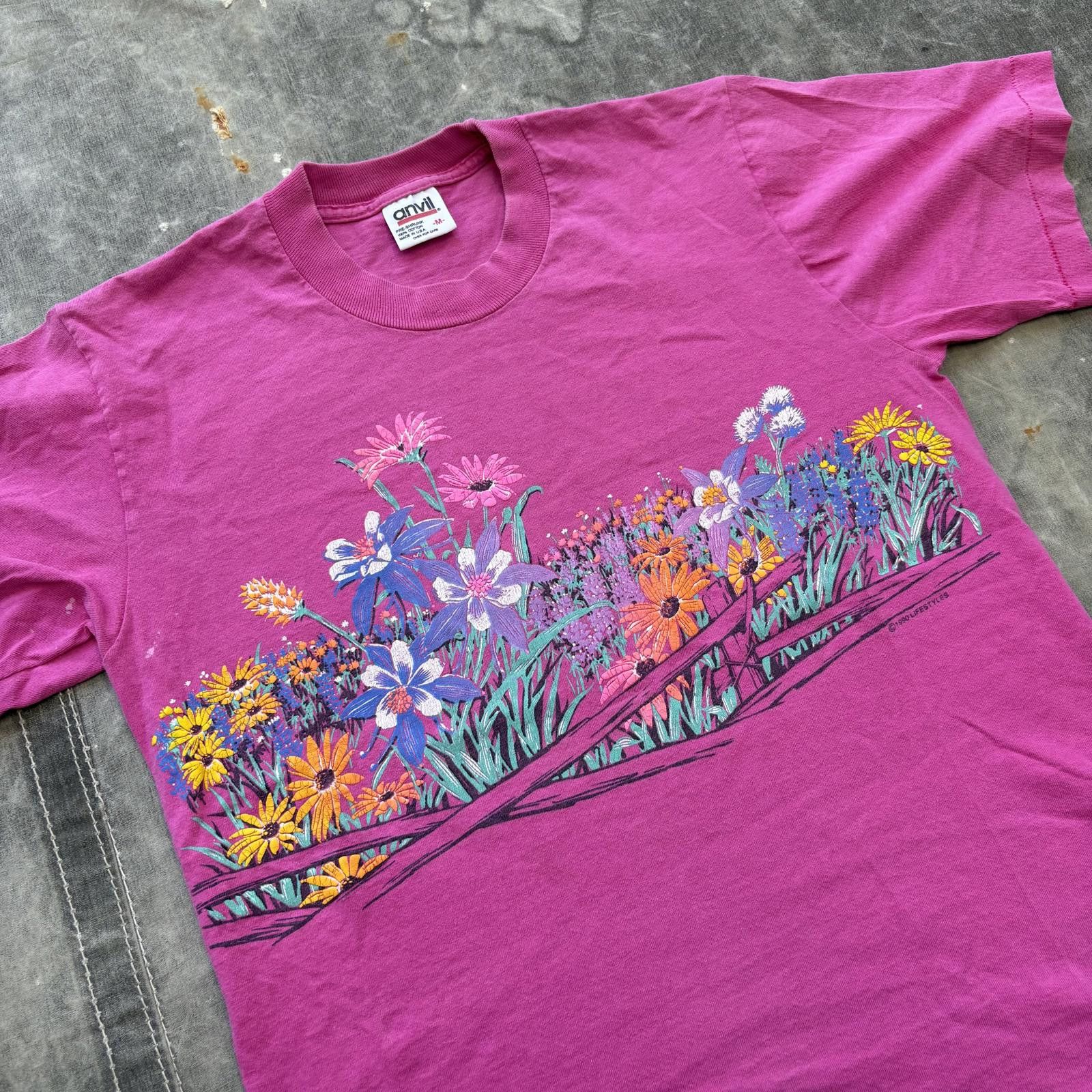 Anvil Vintage 90s Pink Flower Floral Wrap Around Graphic Shirt Size M / US 6-8 / IT 42-44 - 5 Thumbnail