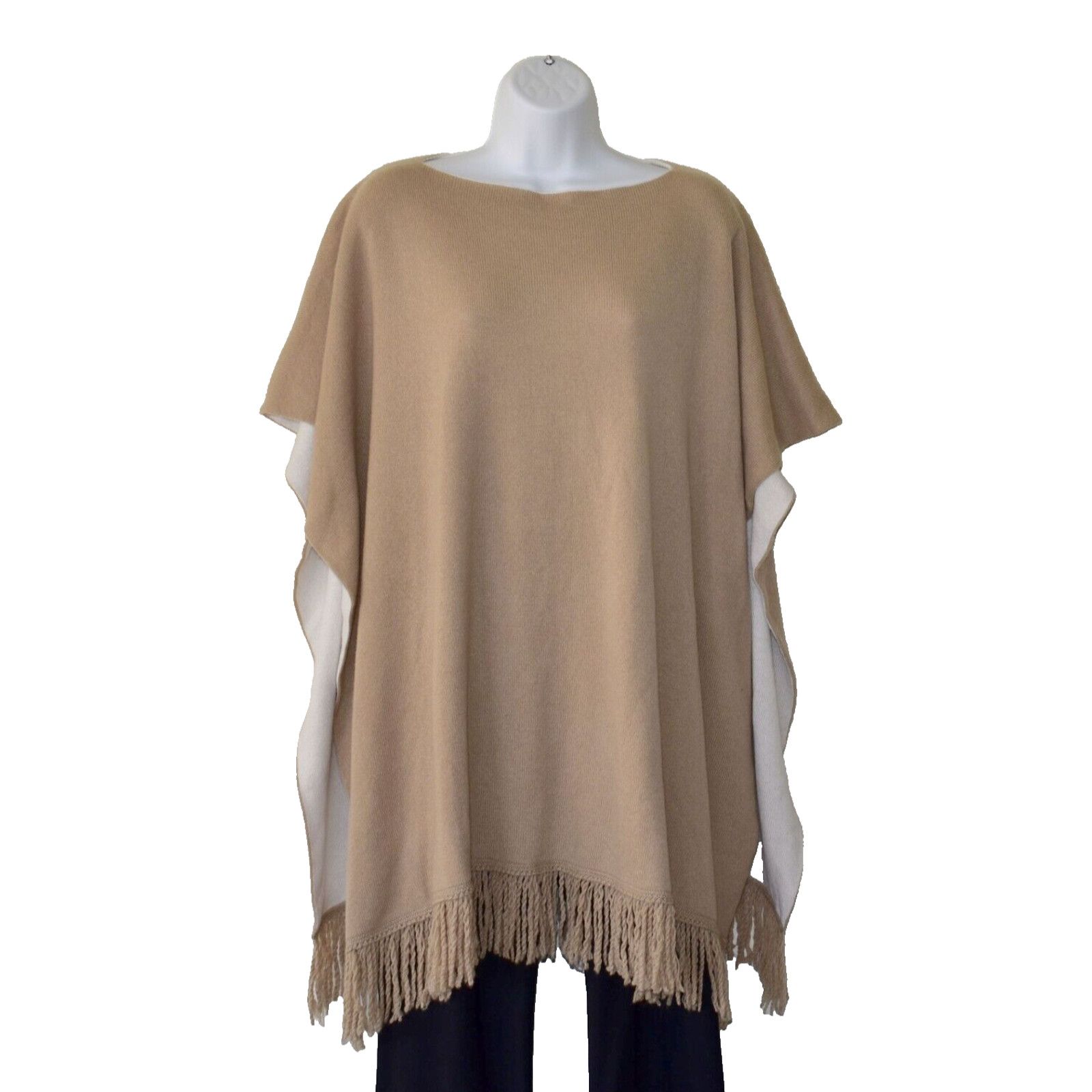 image of Agnona Cashmere Knit Fringe Boat Neck Poncho Cape One Size in Beige, Women's