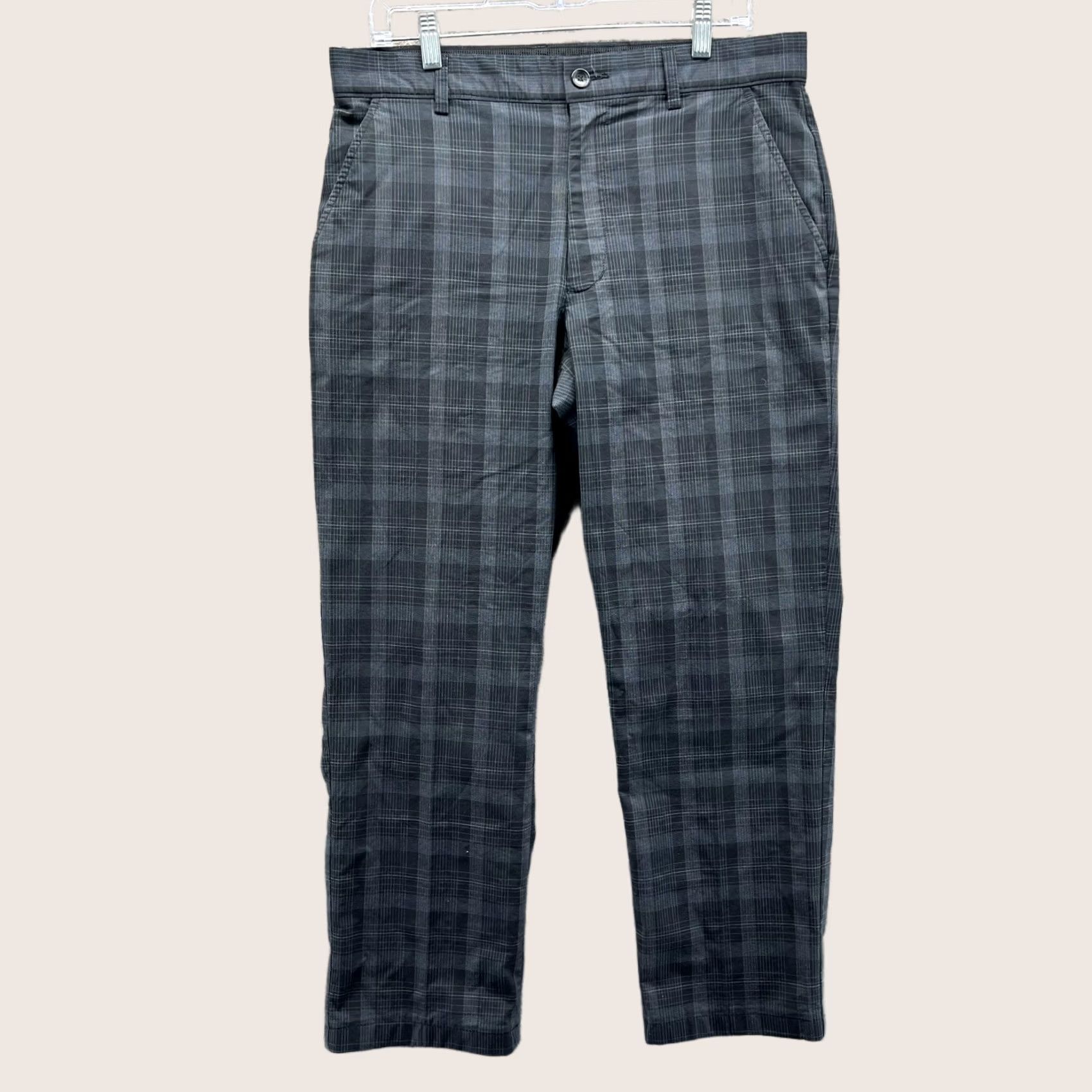 Vintage Greg Norman For Tasso Elba Pants Mens 32x30 Gray Plaid Slim Fit Stretch Golf Pants Washed Gray Black Plaid Mens Regular 32 Inseam 30in Size US 32 / EU 48 - 1 Thumbnail