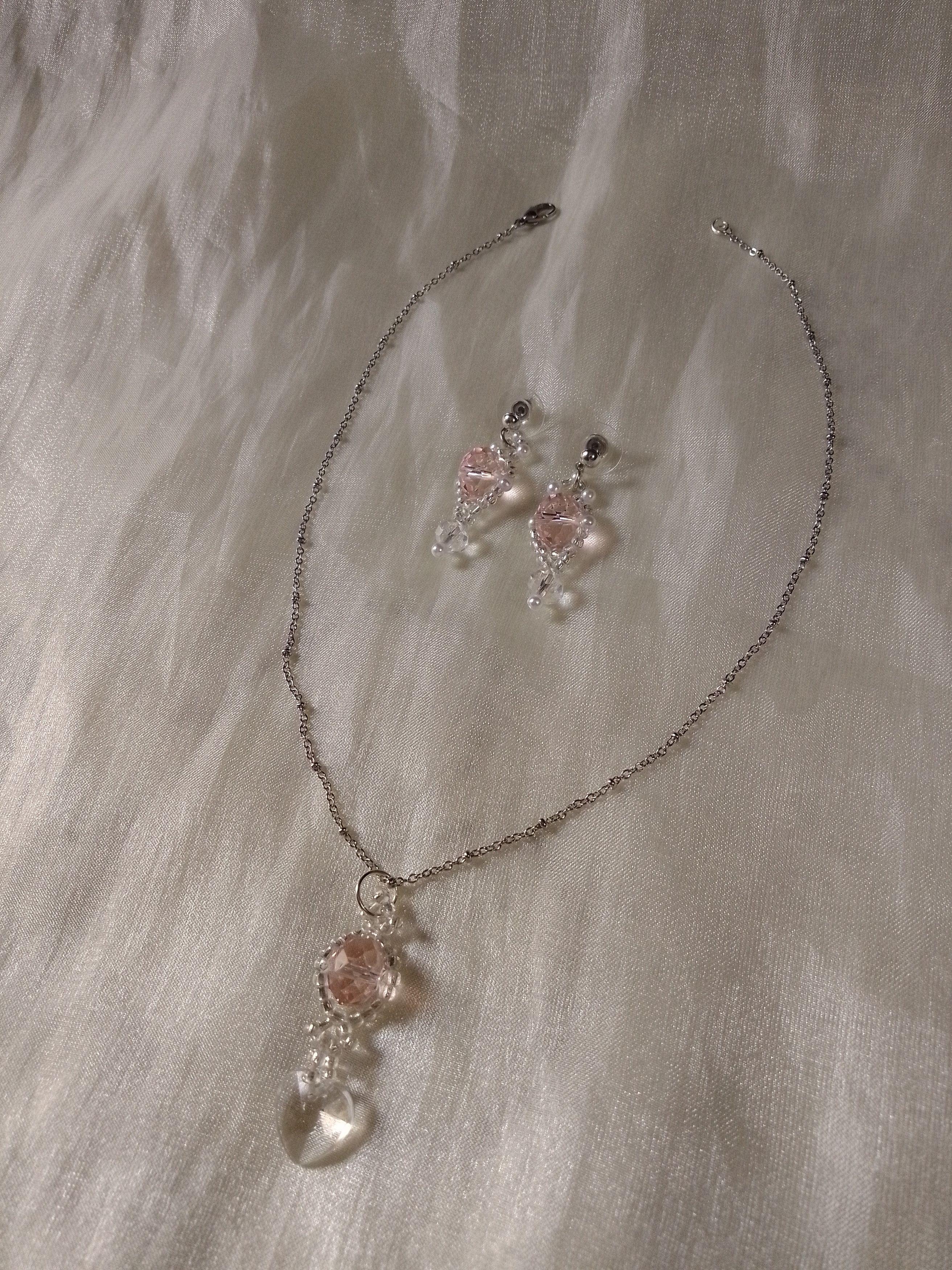 Handmade Necklace Earrings Pink Crystal Heart Pendant Swarovski Size ONE SIZE - 1 Thumbnail