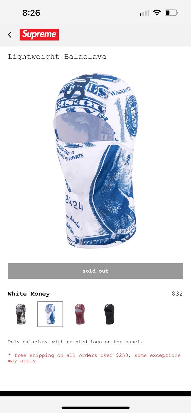 Supreme money Balaclava mask