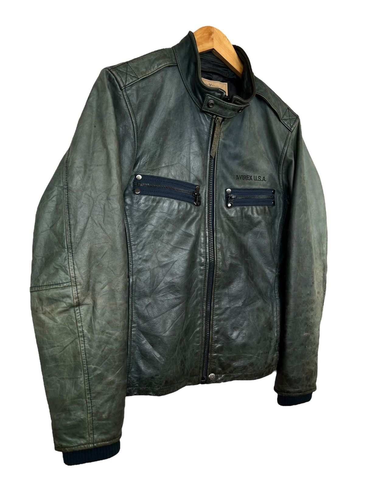 Avirex Zipper Sunfaded Distressed Racing Leather Jacket