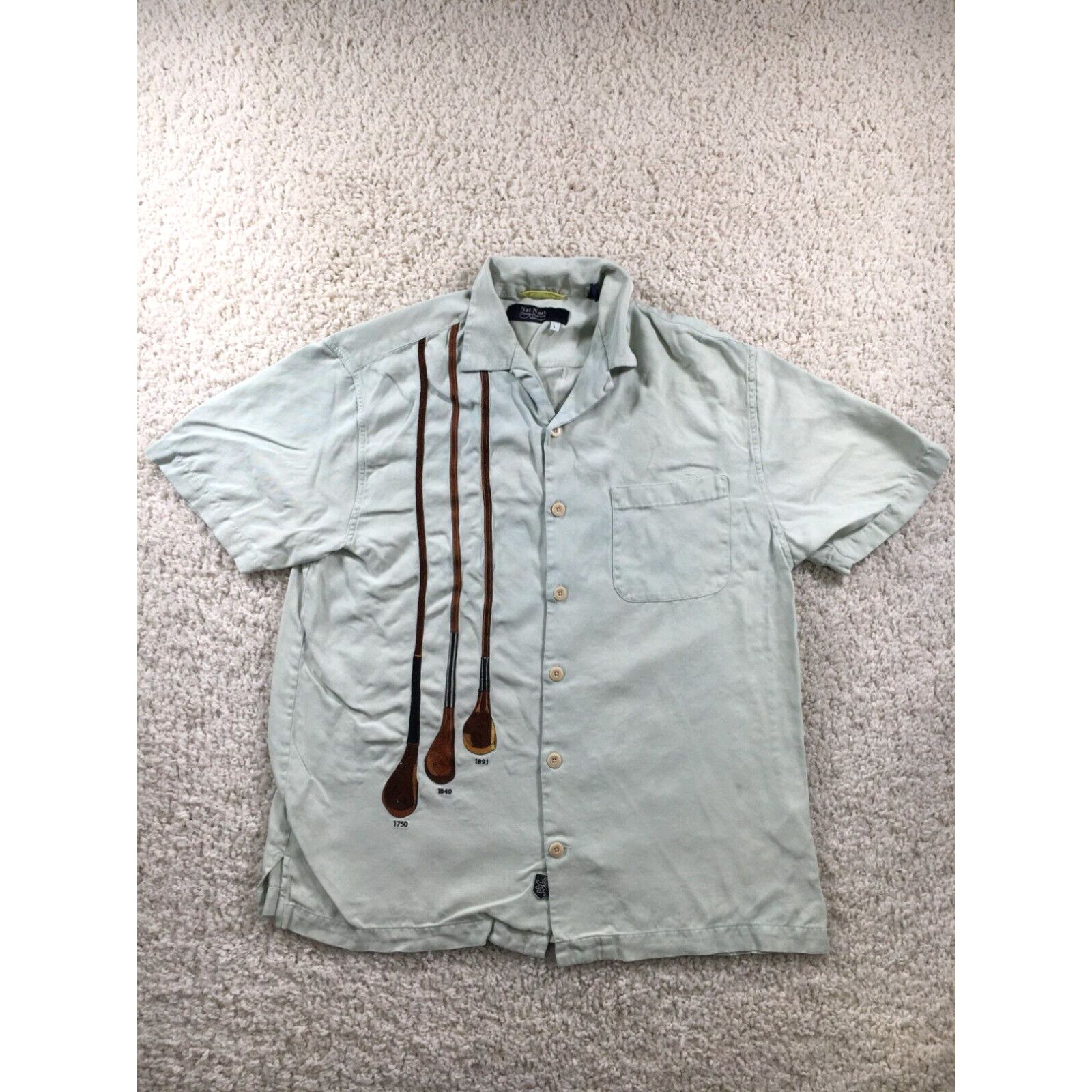 image of Nat Nast Shirt Mens Large Green Silk Button Short Sleeve Beach Golf Golfer Logo in White