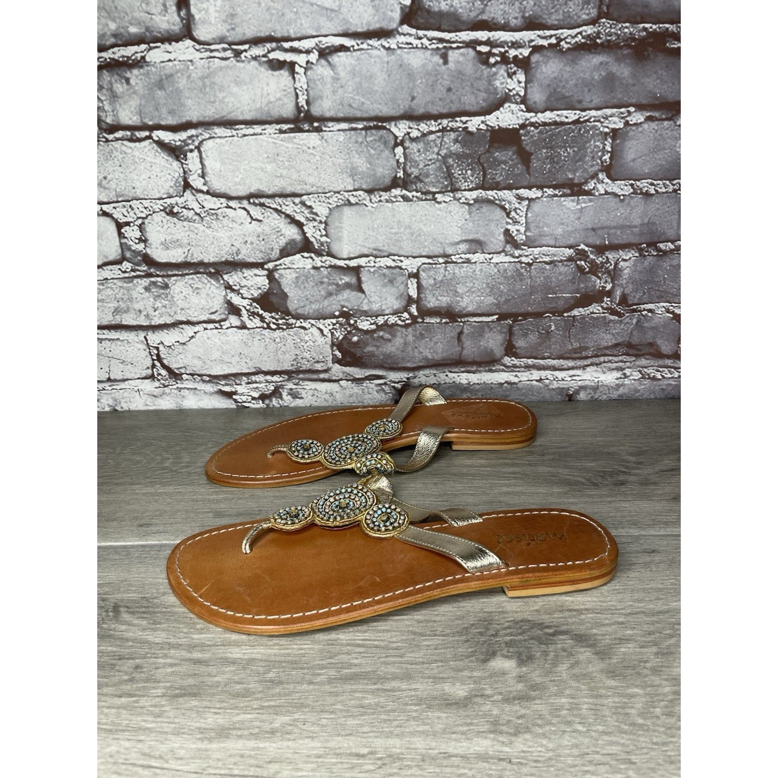 Matiere Studio Matisse Silver Leather Beaded Embellished Flat Thong Sandals Size US 11 / IT 41 - 13 Thumbnail