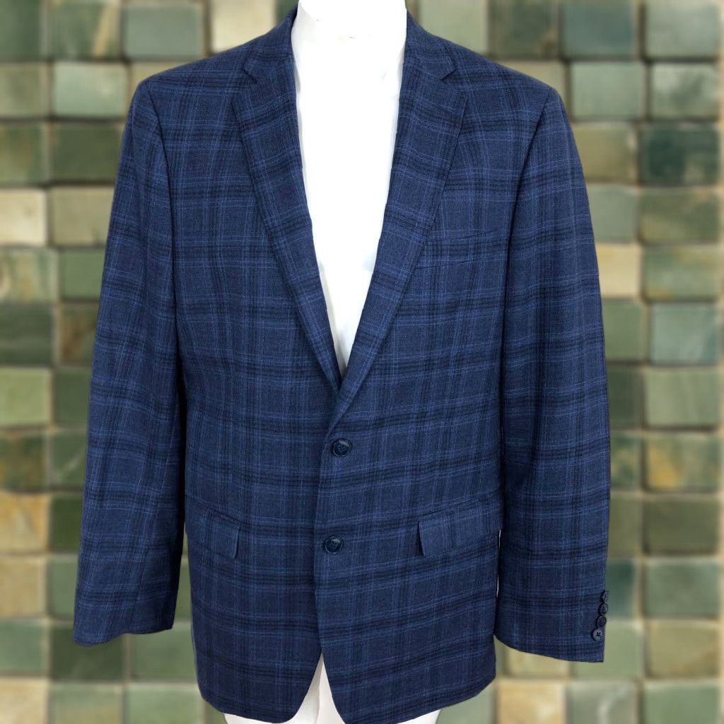 Calvin Klein Calvin Klein Men's Wool Plaid Button Suit Jacket Blue Notch Lapel 2-Button Single-Breasted 40 Regular Size 40R - 1 Thumbnail