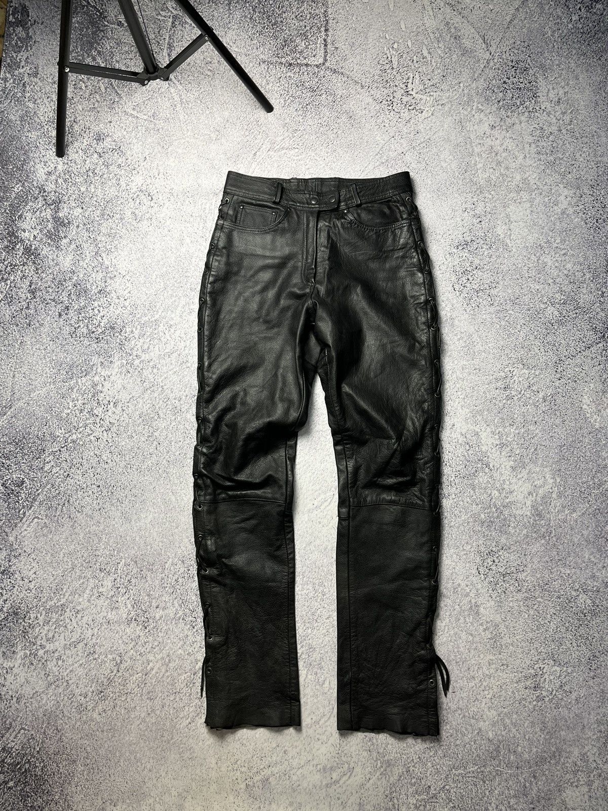 image of Mens Vintage Biker Leather Pants Stripe's Y2K in Black (Size 30)