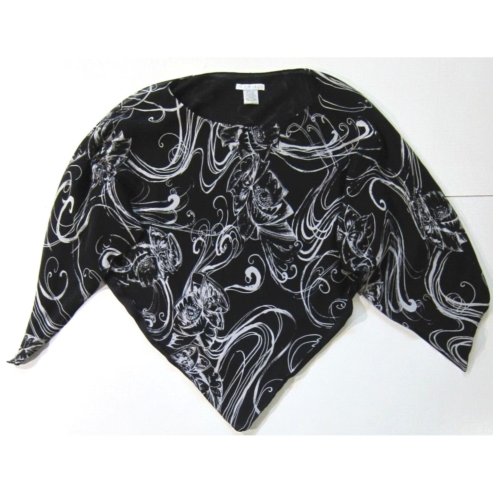 Vintage I.C.E 100% Silk Black White Floral Asymmetrical Flare Sleeve Blouse Top Women OS Size ONE SIZE - 2 Thumbnail