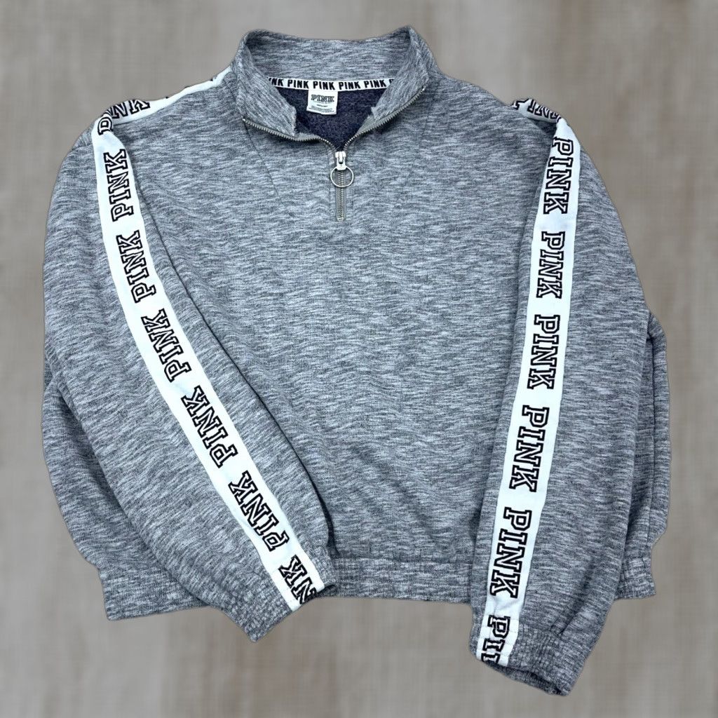 Victoria's Secret Victoria's Secret PINK Sweatshirt Women Medium Gray White Quarter Zip Sweater Crop Size M / US 6-8 / IT 42-44 - 1 Thumbnail