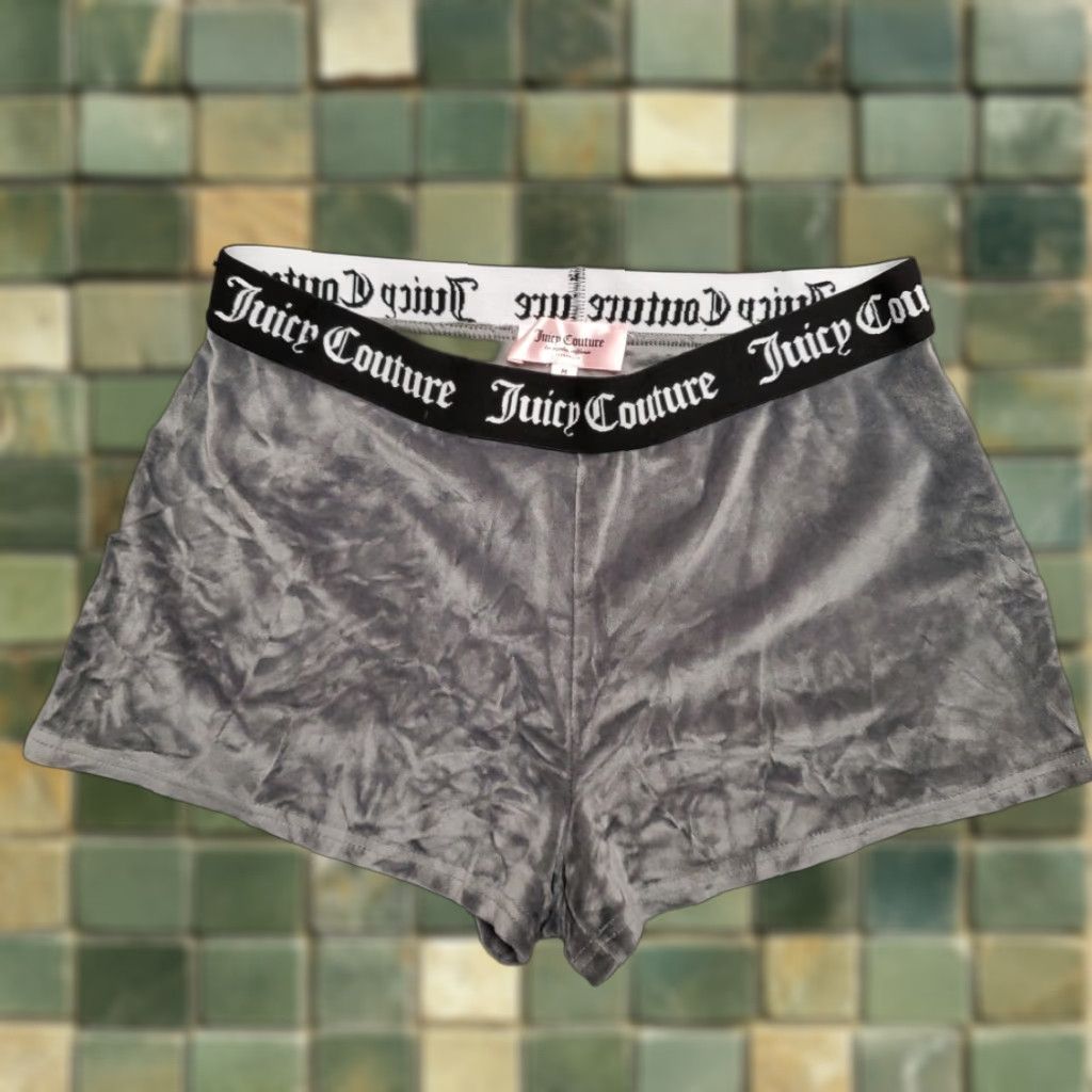 Juicy Couture VINTAGE Juicy Couture Shorts Womens M Gray Velour Rhinestone Logo Lounge Y2K 90s Retro Size 32" / US 10 / IT 46 - 1 Thumbnail