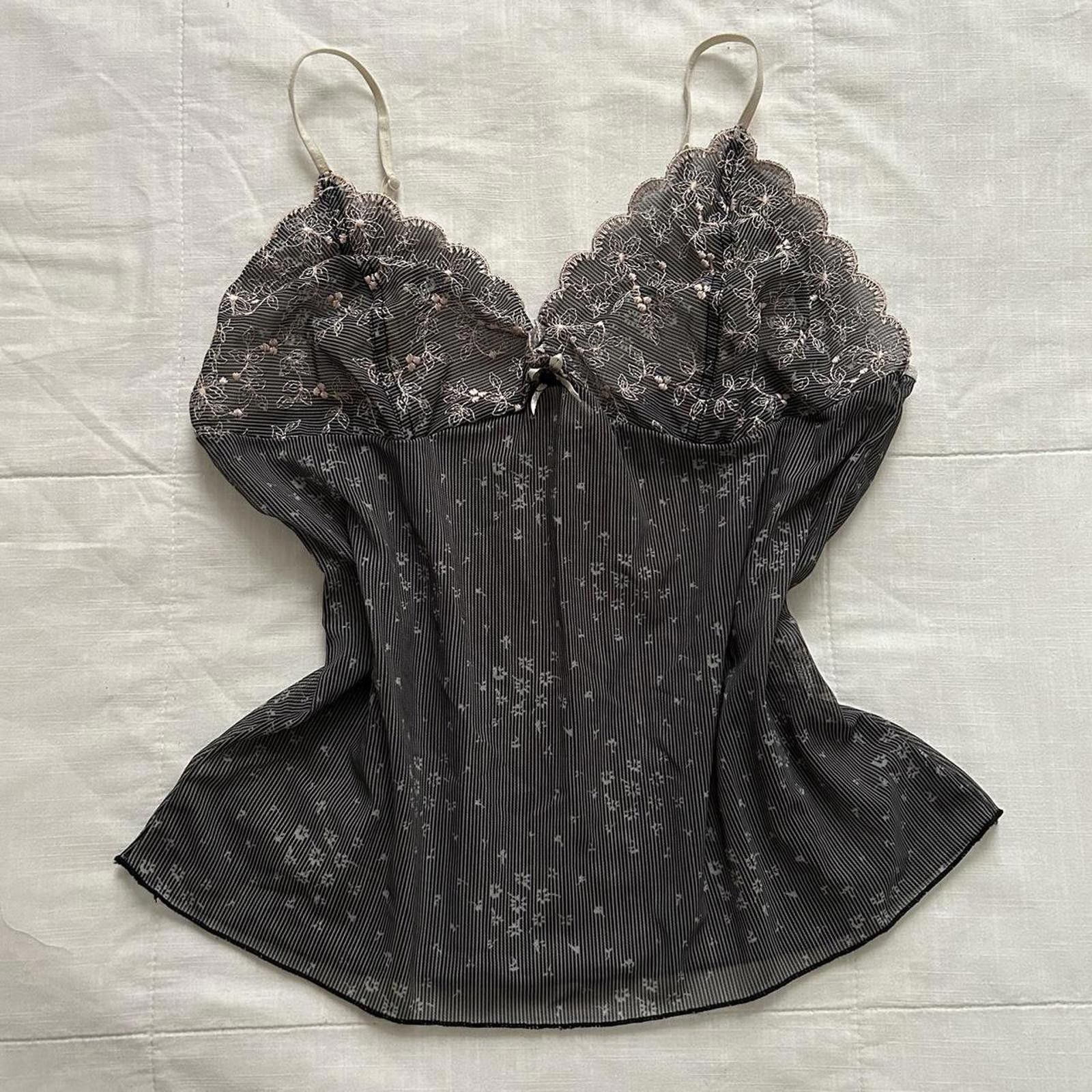 Designer Grey Mesh Micro Floral Stripe Babydoll Top With Embroidery, Women's (Size Large)