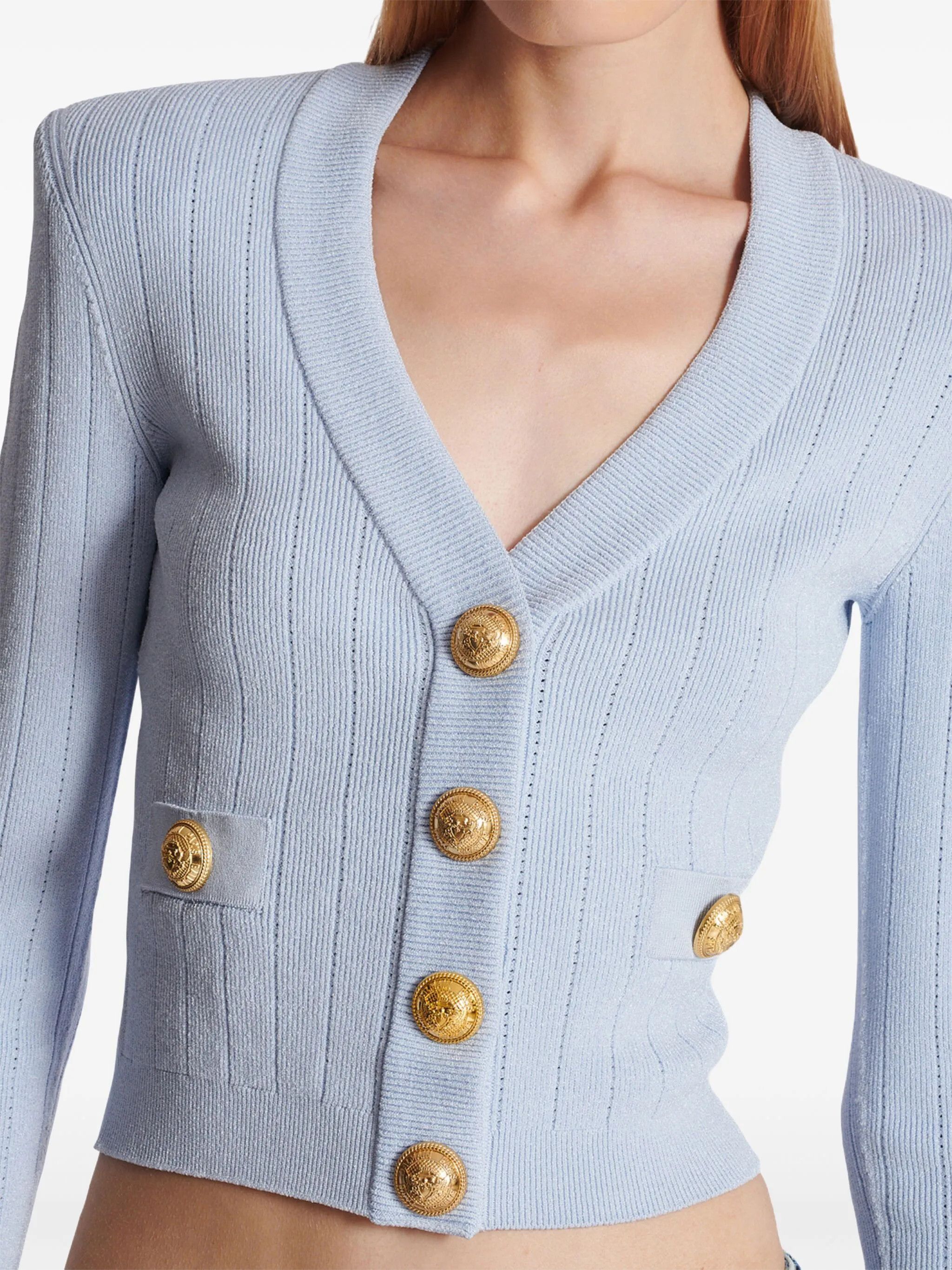 Balmain o1srvl11e1125 Engraved Button Cardigan in Light Blue Size S / US 4 / IT 40 - 7 Thumbnail