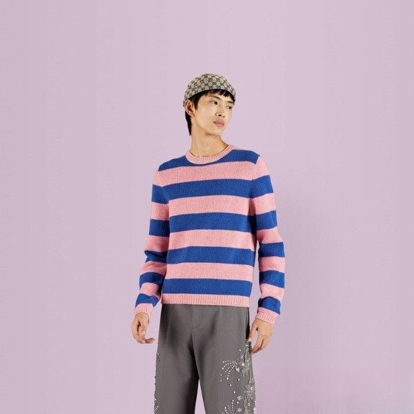 Gucci o1s1wg110225 Striped Wool Cashmere Knit Sweater Pink & Blue Size US XL / EU 56 / 4 - 3 Thumbnail