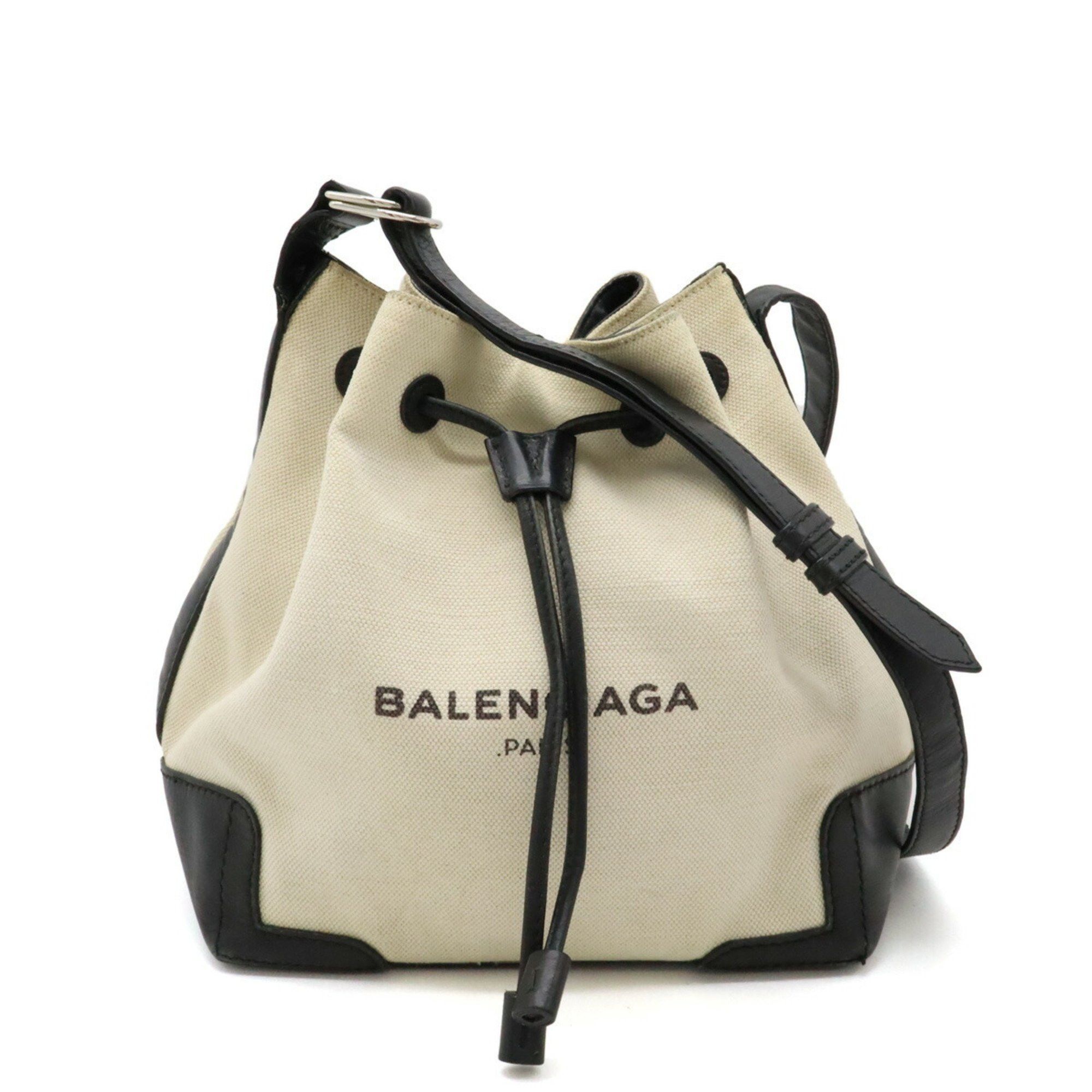 BALENCIAGA Navy Bucket Shoulder Bag Canvas Leather Ivory Black 409000 Bags Luggage