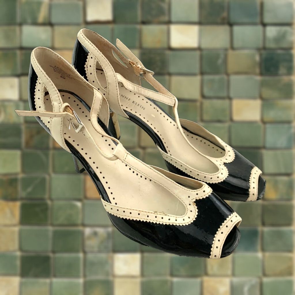 Anne Klein Anne Klein Nelly T-Strap Wingtip Peep Toe Pumps Heels Size 8M Black Leather Womens Pump Size US 8 / IT 38 - 1 Thumbnail