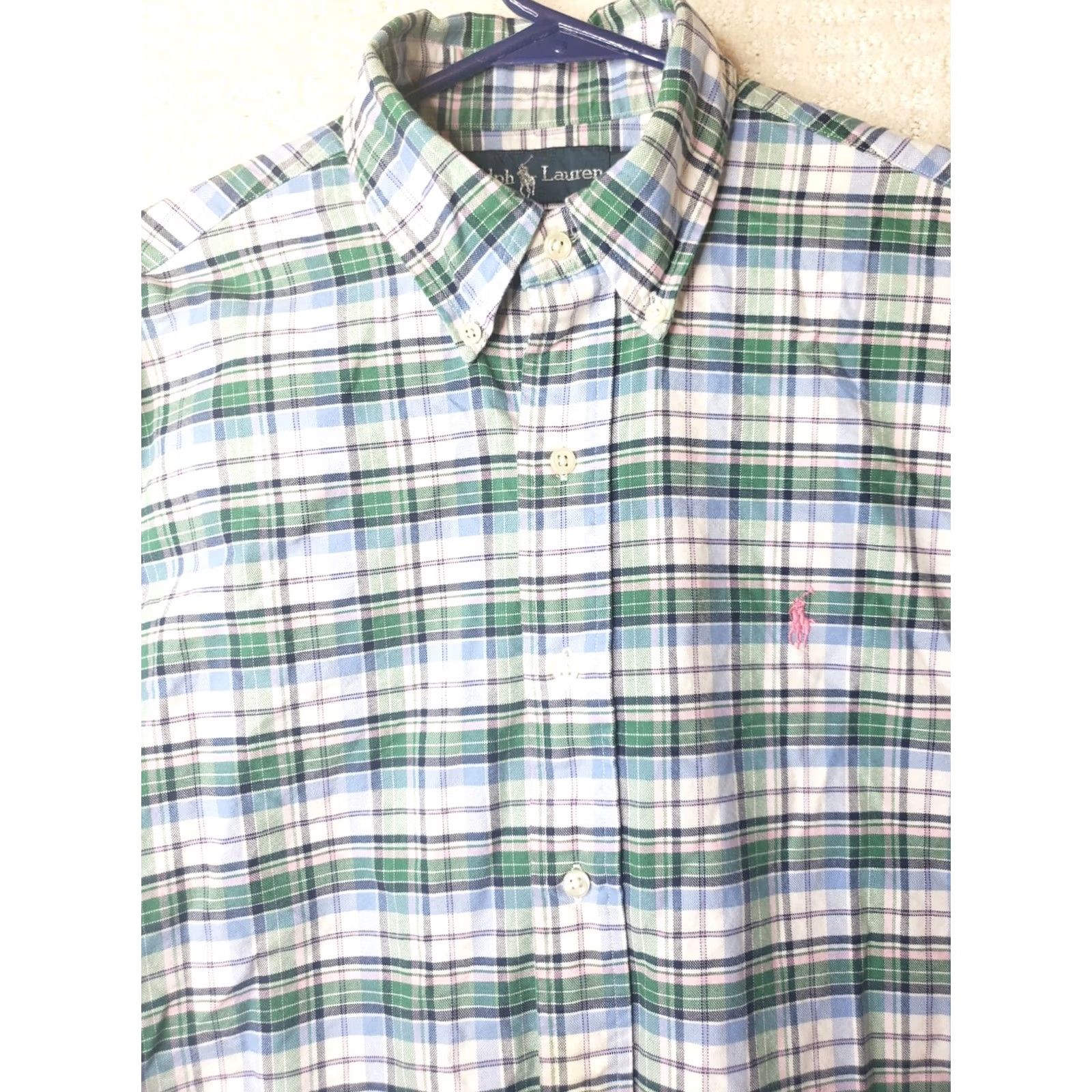 Polo Ralph Lauren Polo Ralph Lauren Men's L/S Dress Shirt Size Medium Classic Fit Plaid Green Pink Shark? Size 40R - 3 Thumbnail