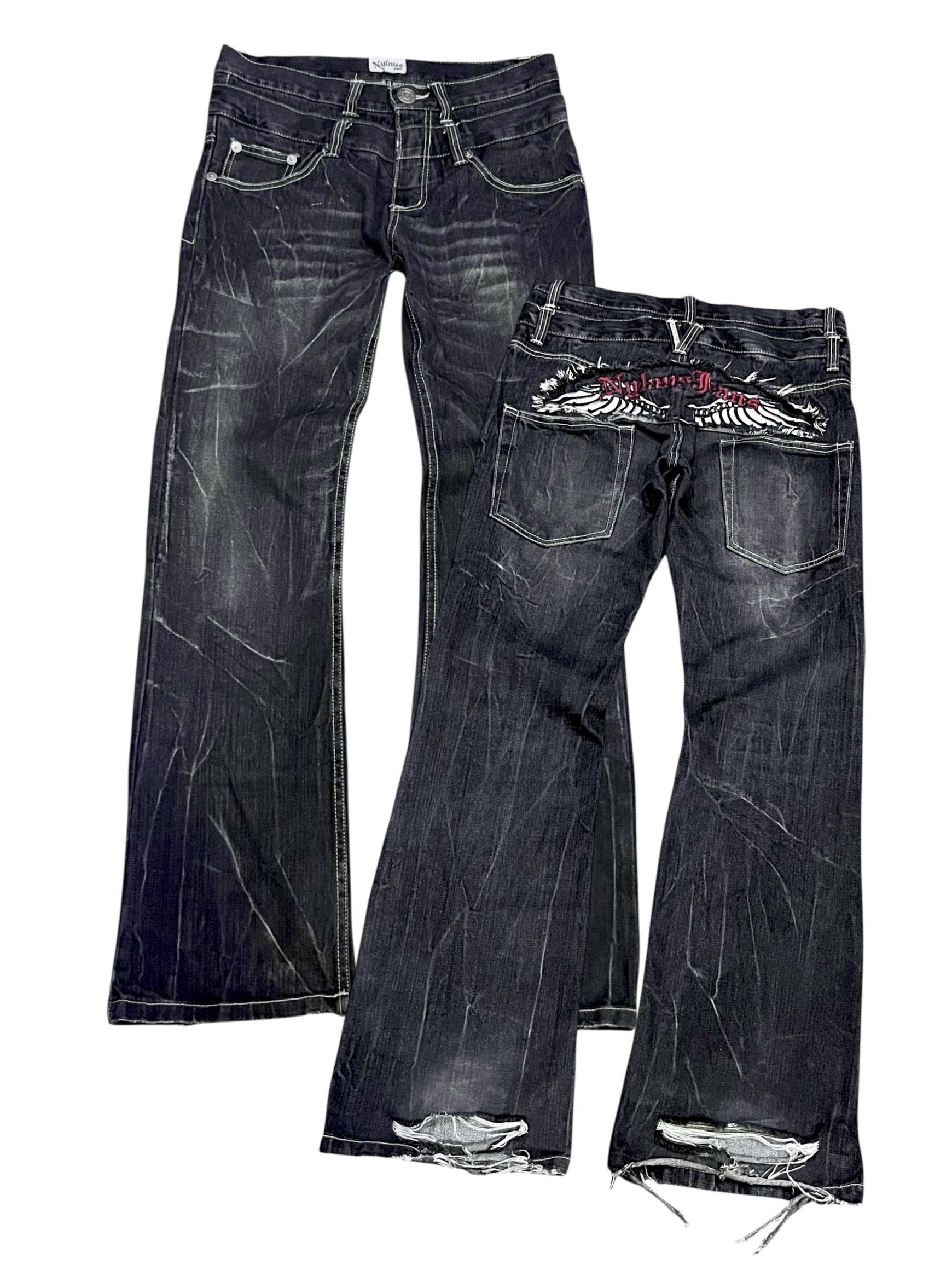 If Six Was Nine NYLAUS Grunge Y2K Clawmark Flare Denim Wing Patch Heel Bite Size US 29 - 4 Thumbnail