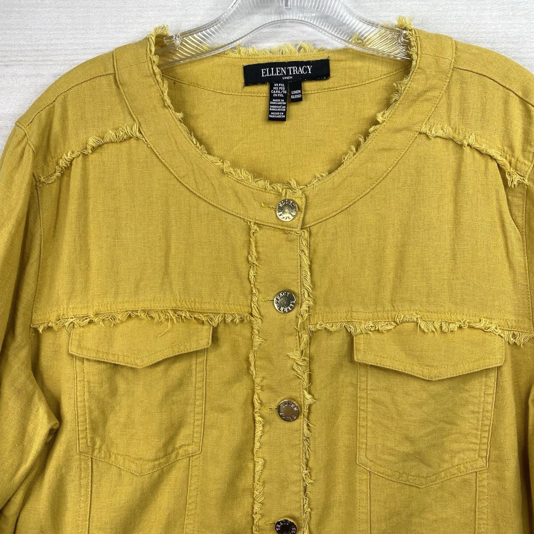 Ellen Tracy Ellen Tracy Jacket Women XL Petite Gold Button Up Fringe Boho Linen Blend Short Open Collarless Pockets Unlined Size XL / US 12-14 / IT 48-50 - 2 Thumbnail