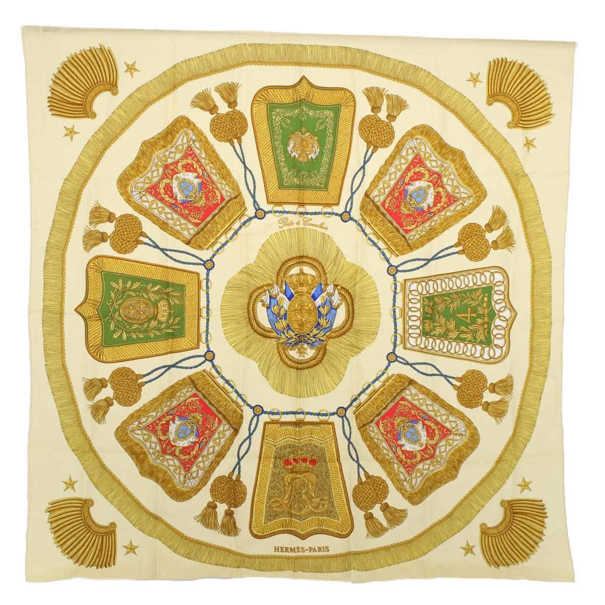 image of Hermes Carre 90 Poste Et Cavalerie Scarf Silk Beige Auth 57810, Women's