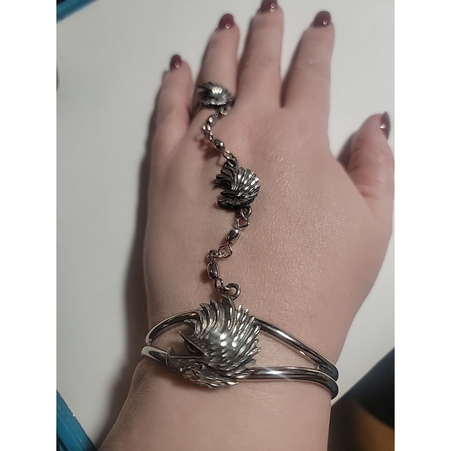 image of Vintage Eagle Biker Stainless Steel Slave Bracelet Signed Pewter Rin in Silver, Women's