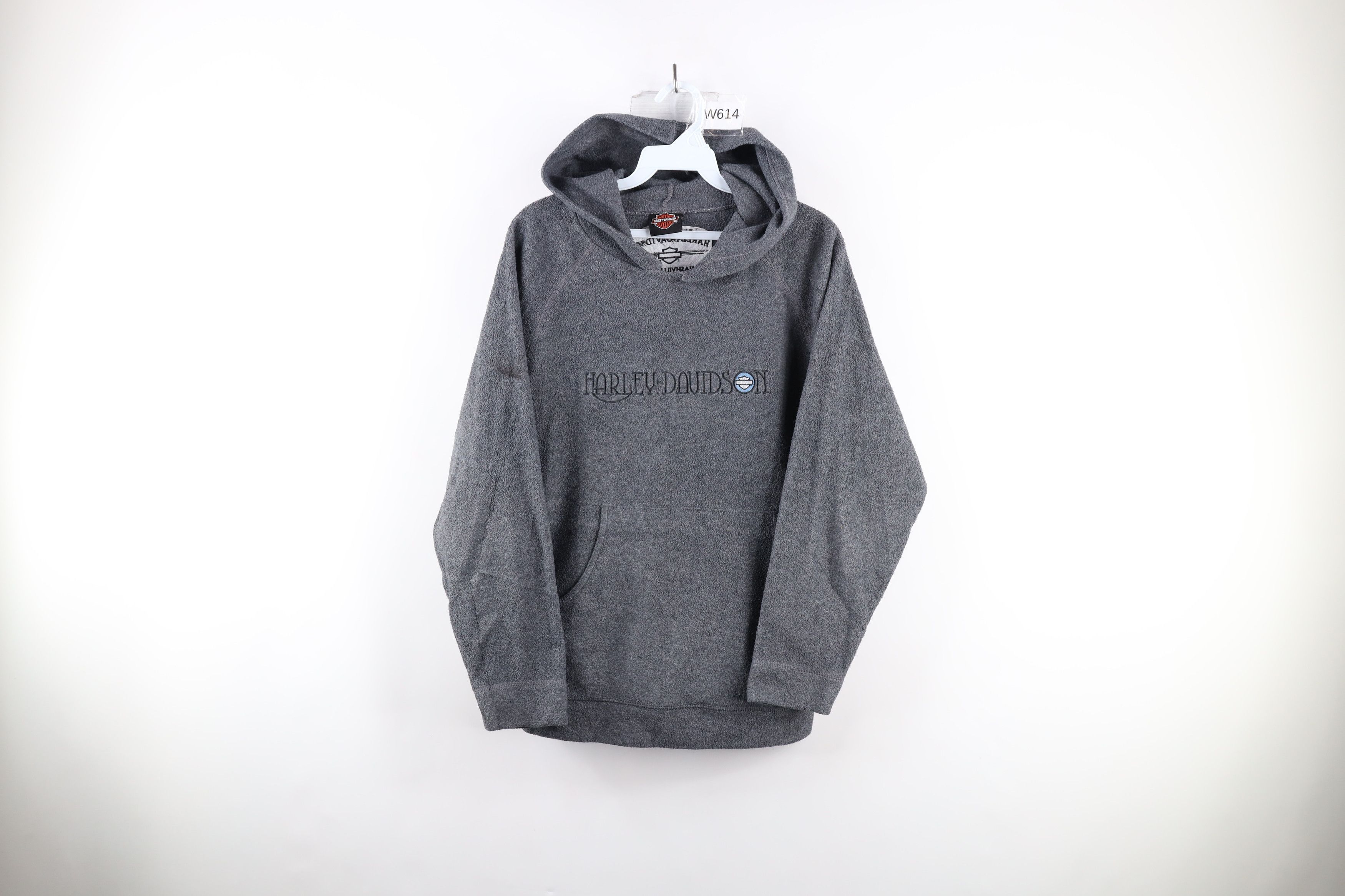 image of 90's Harley Davidson Spell Out Fleece Hoodie Gray Usa in Grey, Men's (Size Small)