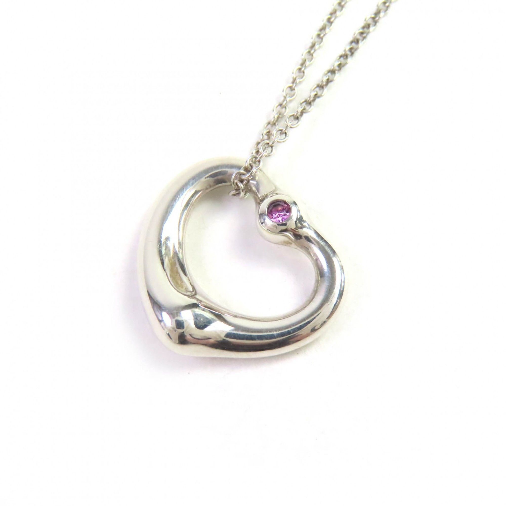 Tiffany & Co. TIFFANY & Co. Tiffany Elsa Peretti Open Heart Pendant Necklace in 925 Sterling Silver with a Pink Sapphire, Made Spain, Weight 3.6g, for Women Size ONE SIZE - 1 Thumbnail