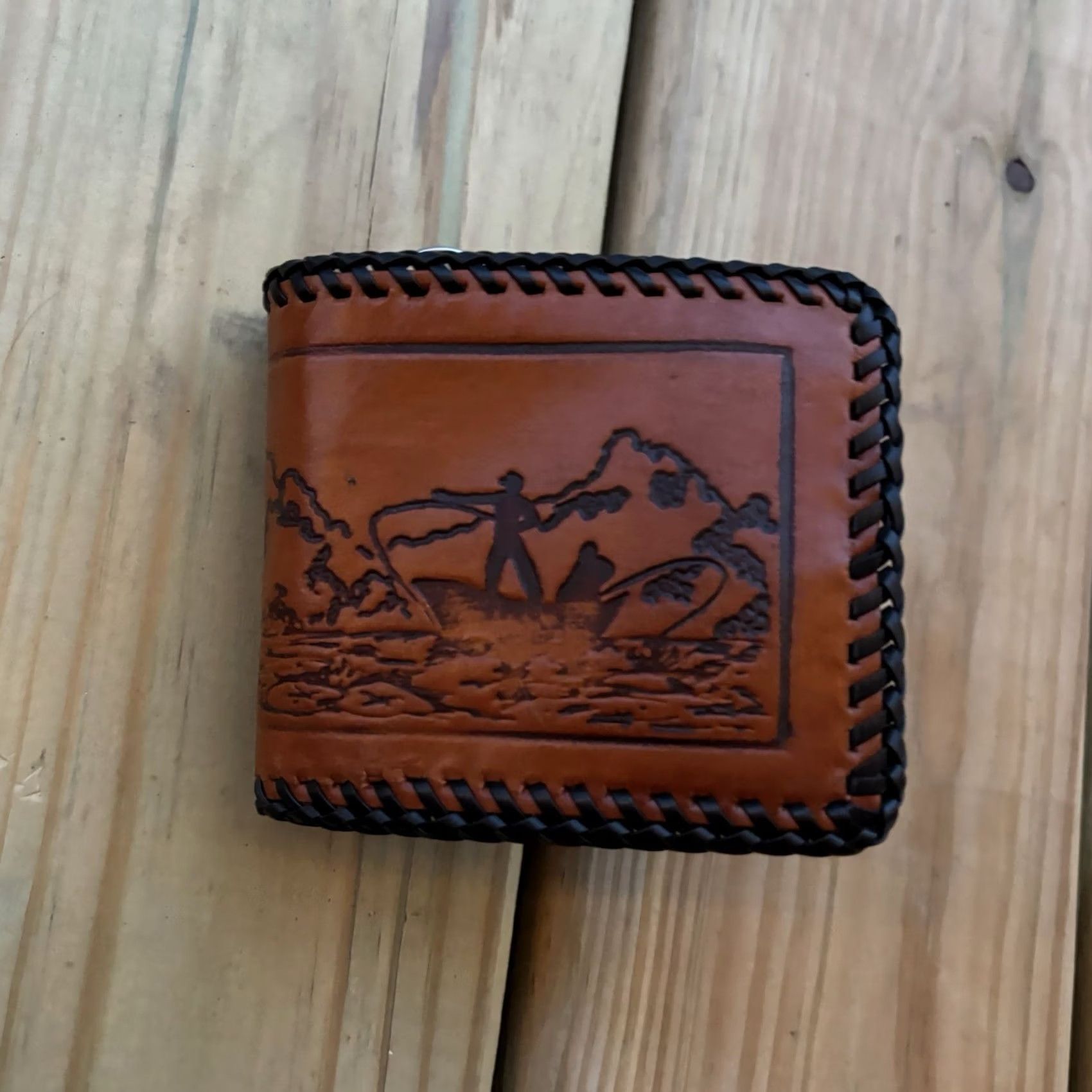 Vintage VINTAGE Wallet Leather Fish Boat Fishing Sportsman Hand Tooled Whipstitch USA Men Bifold Credit Card Folding 9in 4in Brown Size ONE SIZE - 4 Thumbnail