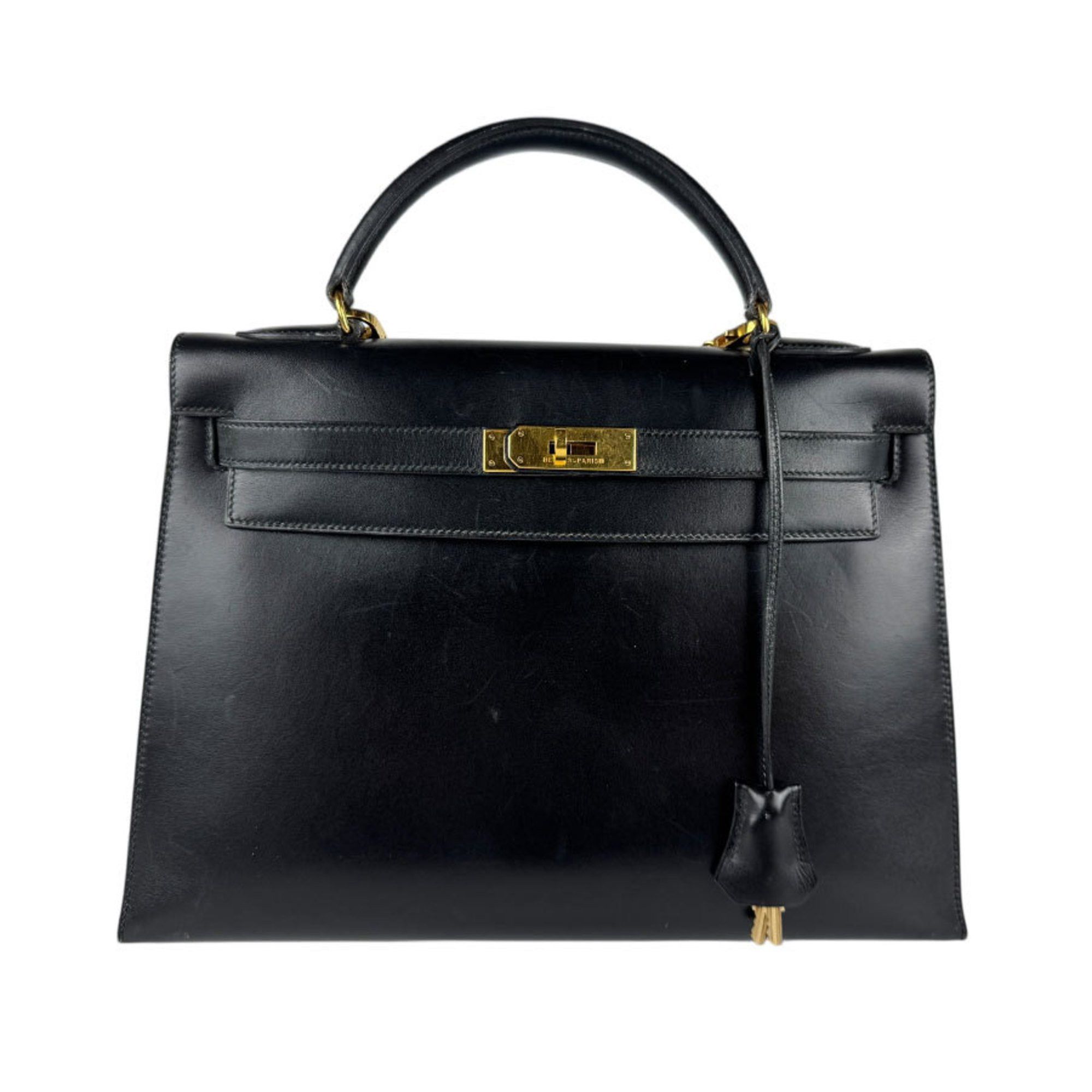 Hermes Handbag Shoulder Bag Kelly 32 Outer Stitching Box Calf Black Gold Ladies Z4990, Women's