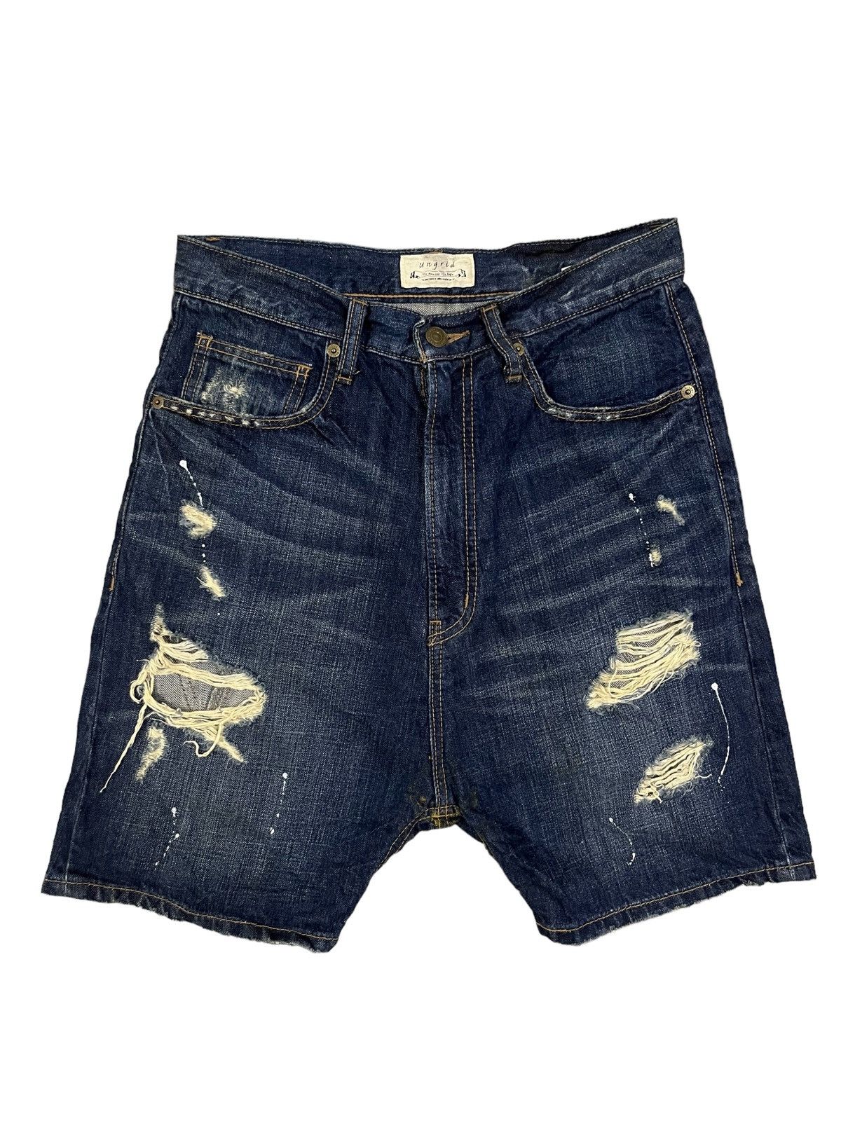Other High Waist Blue Wash Paint Splatter Distress Short Jeans Size 28" / US 6 / IT 42 - 1 Thumbnail