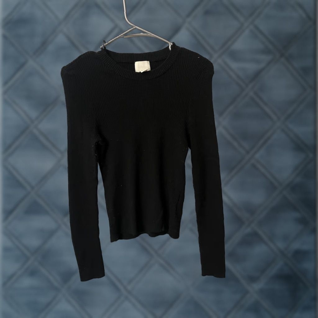 H&M H&M Black Knit Sweater Womens Size L Crew Neck Button Tight Rivbed Pullover Casual Workwear Size L / US 10 / IT 46 - 1 Thumbnail