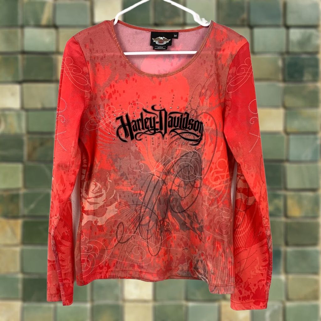 Harley Davidson VINTAGE Harley-Davidson Women's Long Sleeve Top M Red Rhinestone Grunge Biker Size M / US 6-8 / IT 42-44 - 1 Thumbnail