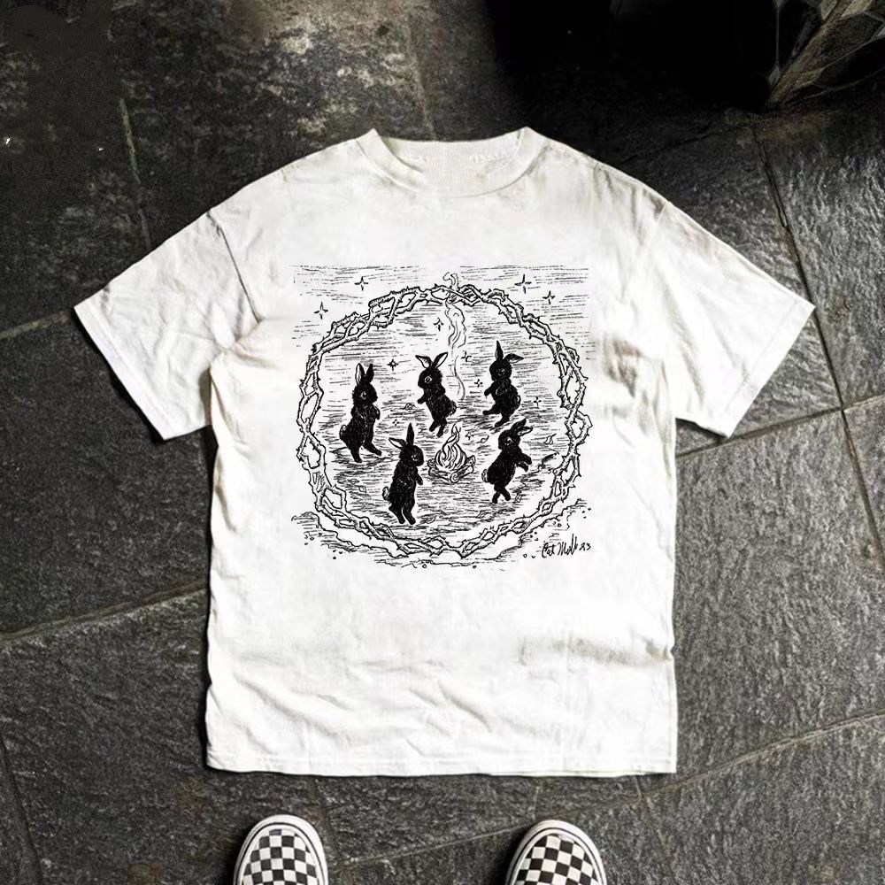 Vintage White casual retro rabbit print cotton t-shirt Size US M / EU 48-50 / 2 - 1 Thumbnail