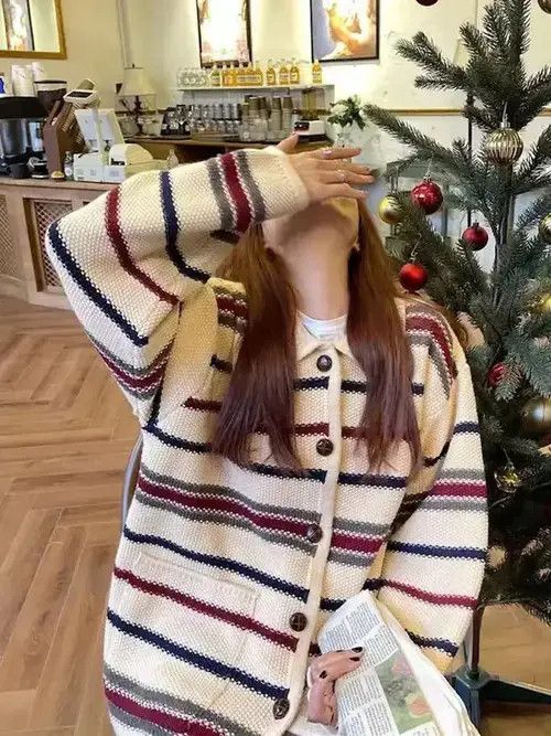 Japanese Brand Zoki Women Design Striped Cardigan Coat High Size ONE SIZE - 2 Thumbnail