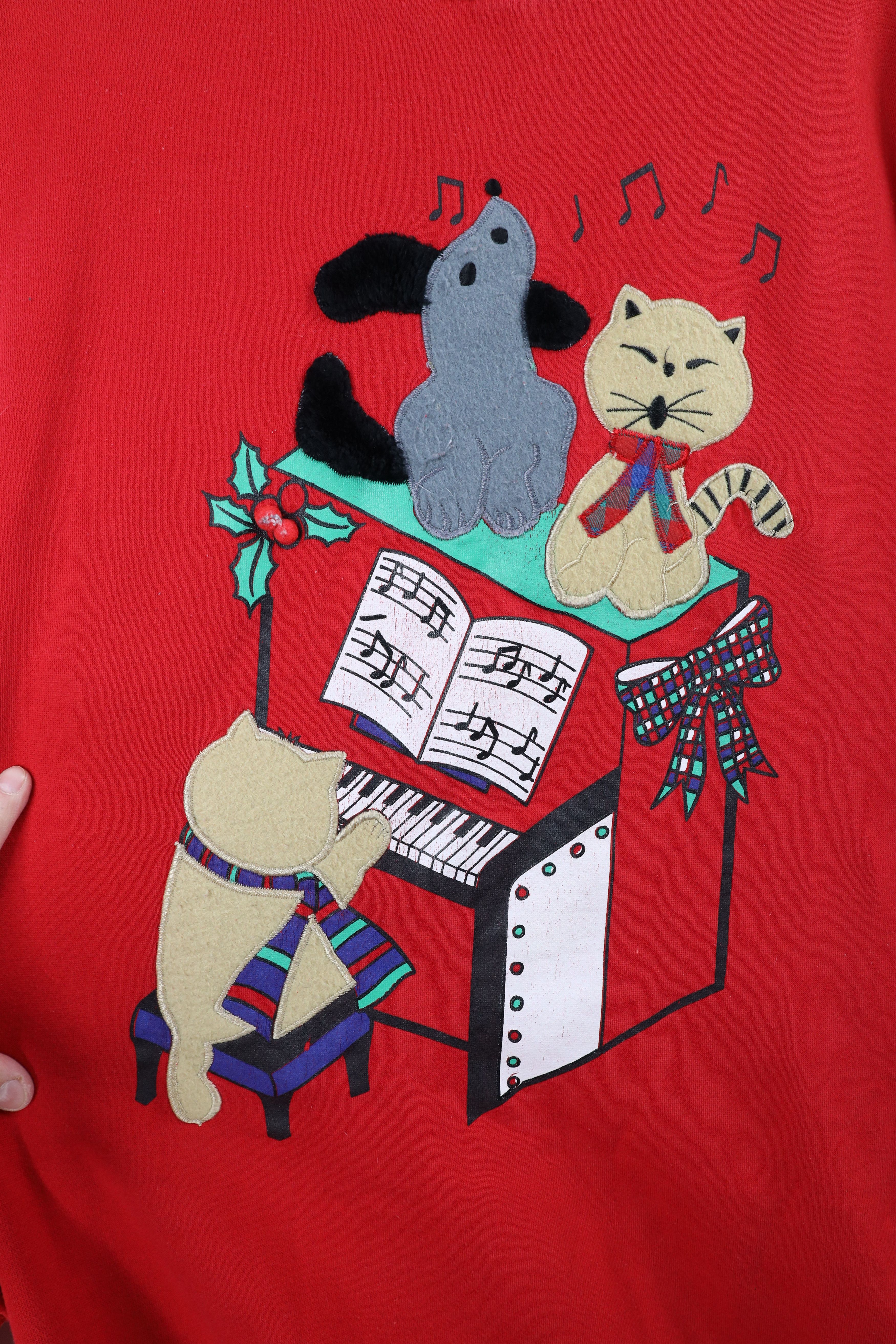 Vintage Vintage 90s Cat Dog Piano Night Gown Sweatshirt Red Size M / US 6-8 / IT 42-44 - 5 Thumbnail