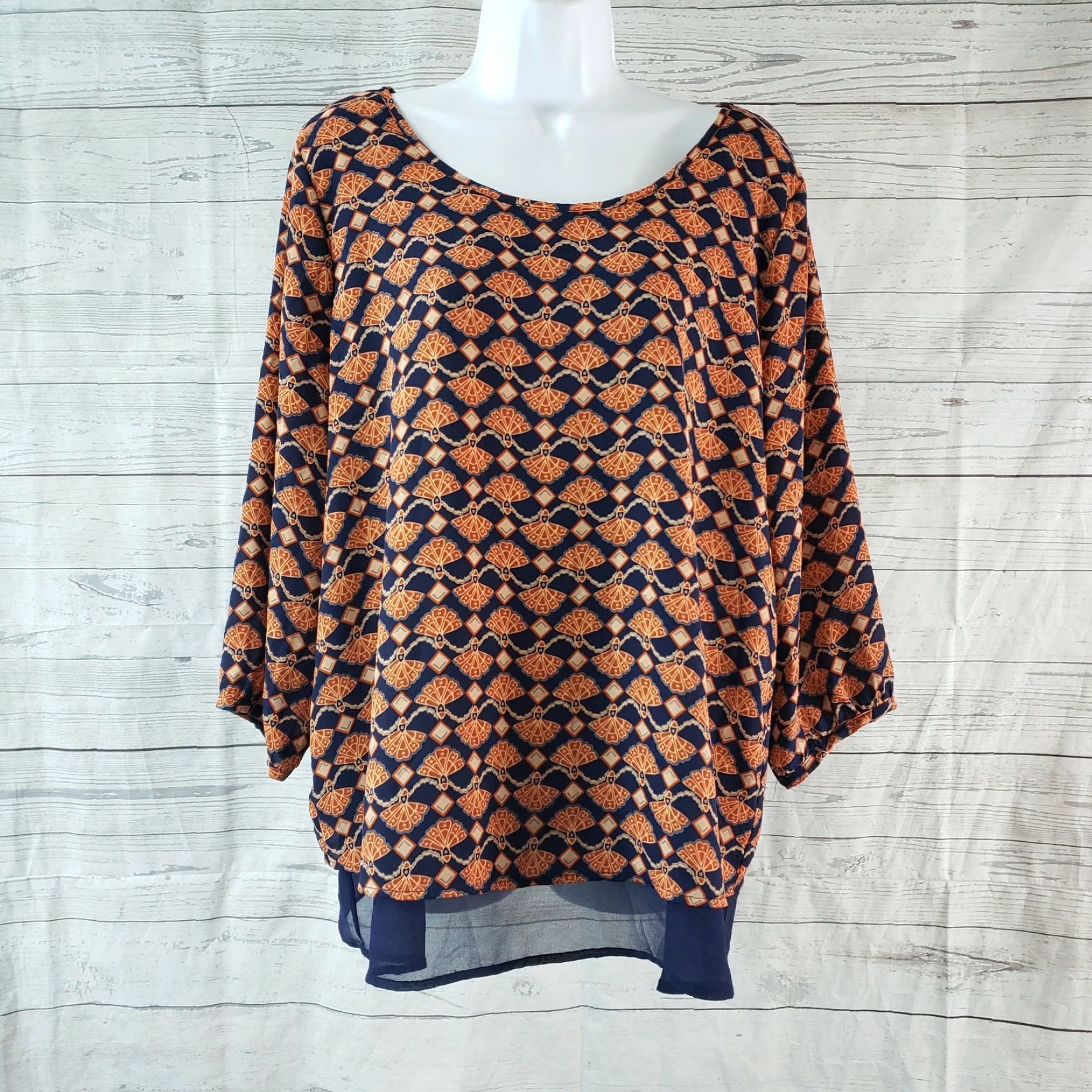 Vintage Pleione Womens Top Blouse 3/4 Sleeve L Orange Blue Adult Womens Size L / US 10 / IT 46 - 2 Thumbnail