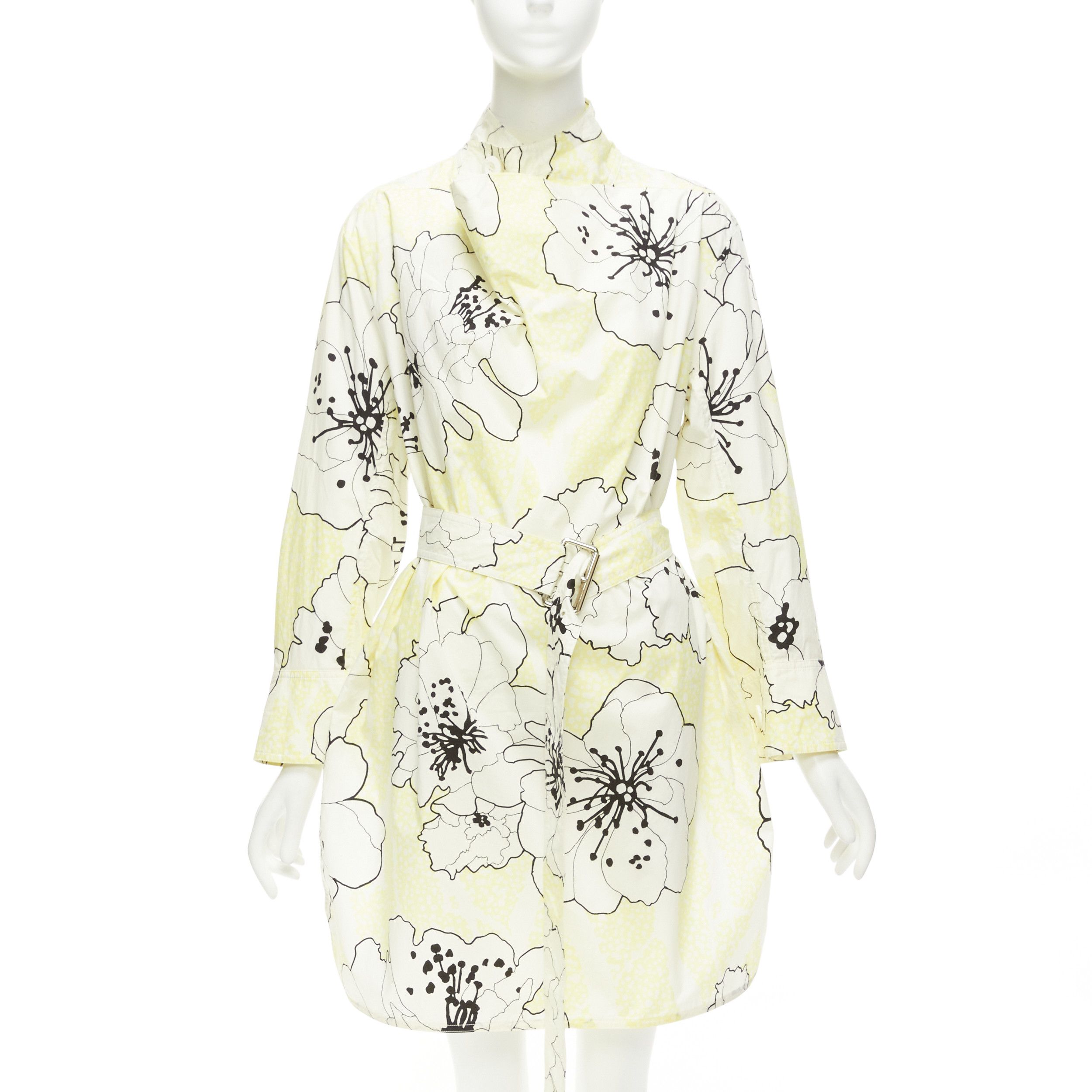 image of Marni Yellow White 100% Cotton Floral Print Belted Cowl Neck Dress It36 Xxs, Women's